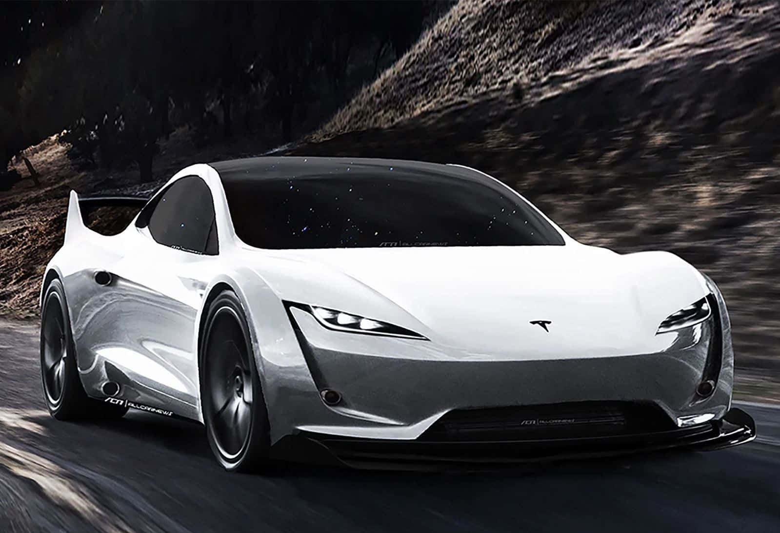 Tesla Roadster, night sky, winding mountain road, HD Desktop Wallpaper