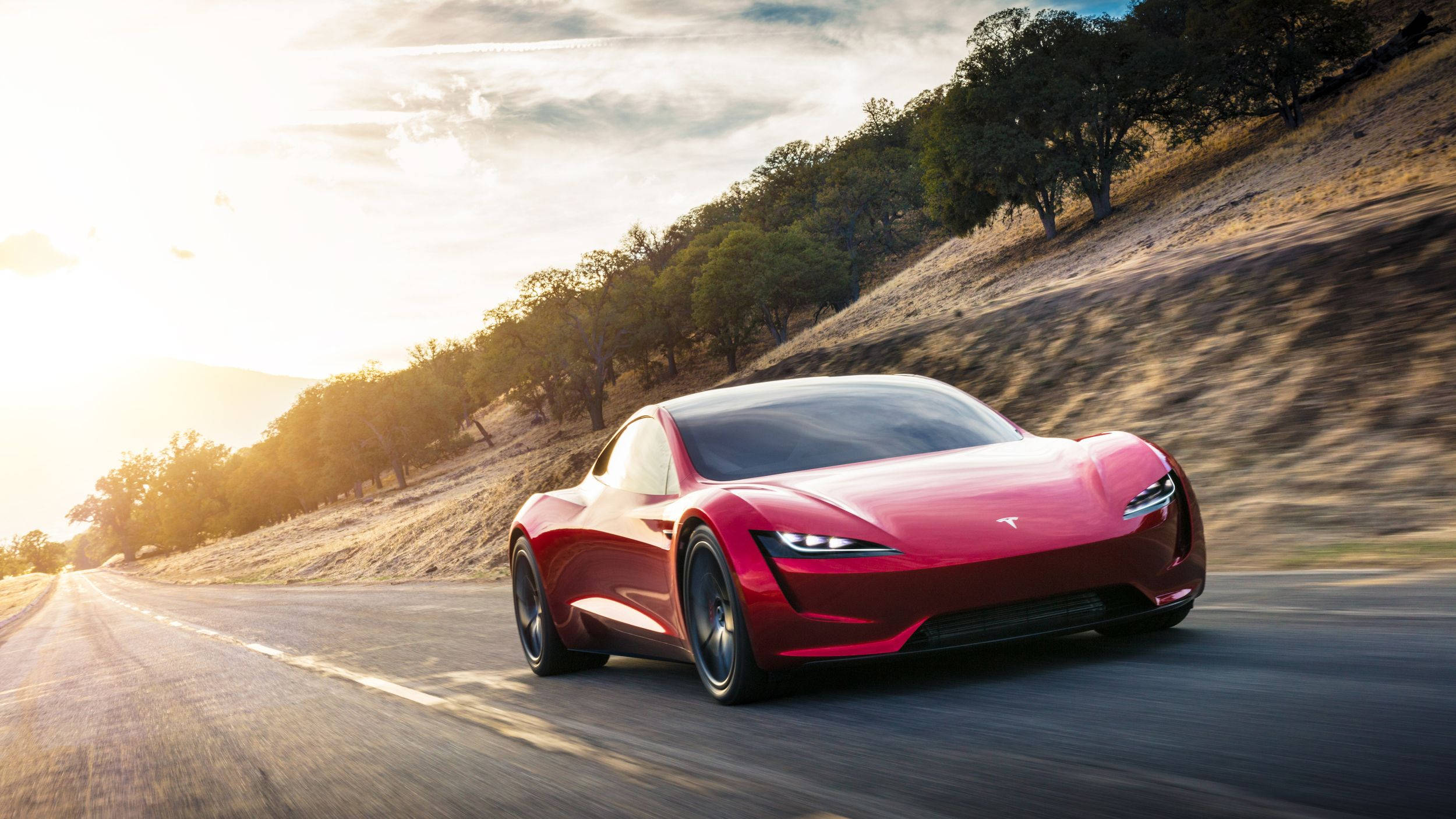 Tesla Roadster, red, winding rural road, Full HD Desktop Wallpaper