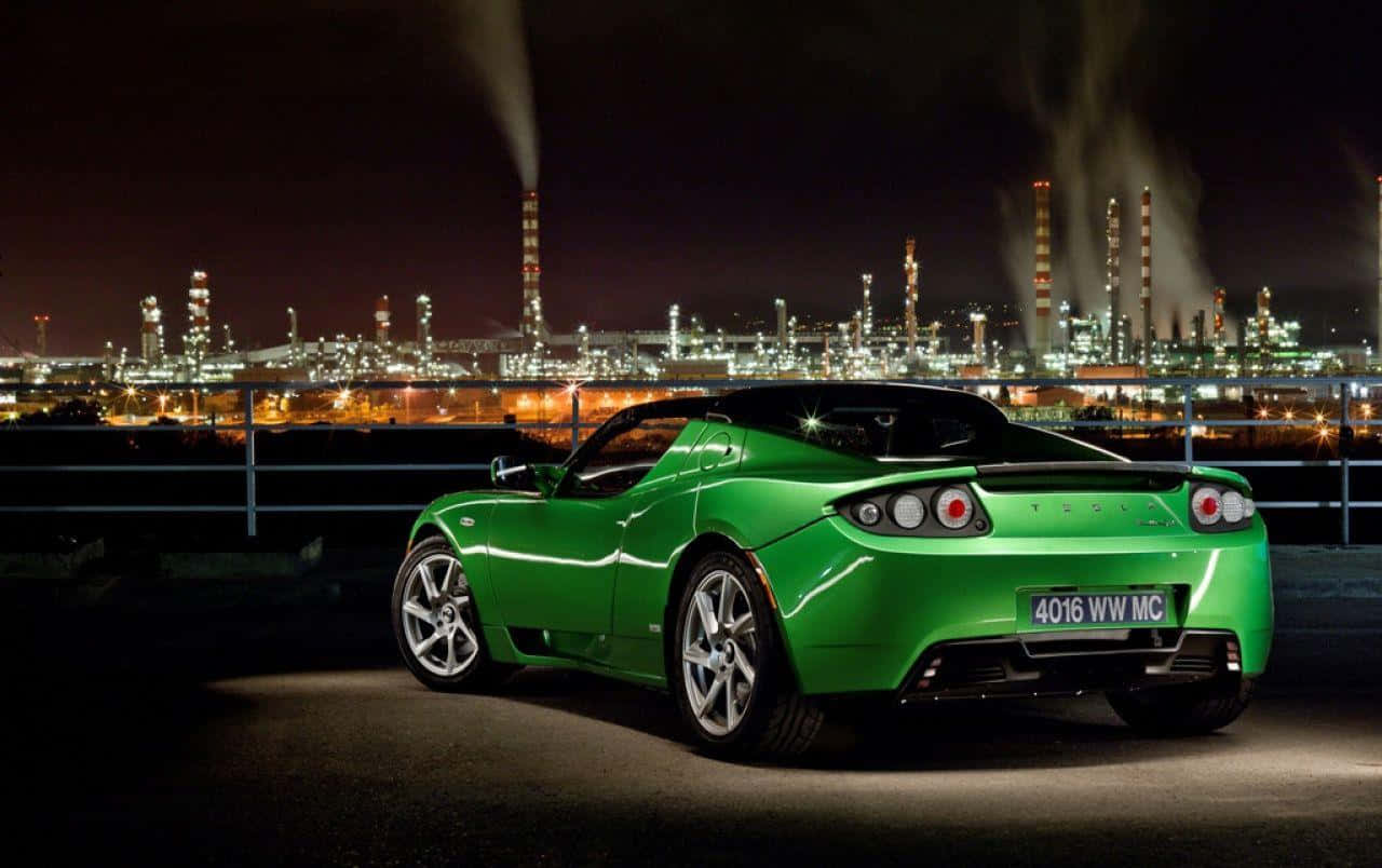 Tesla Roadster, vibrant green, night, HD Desktop Wallpaper