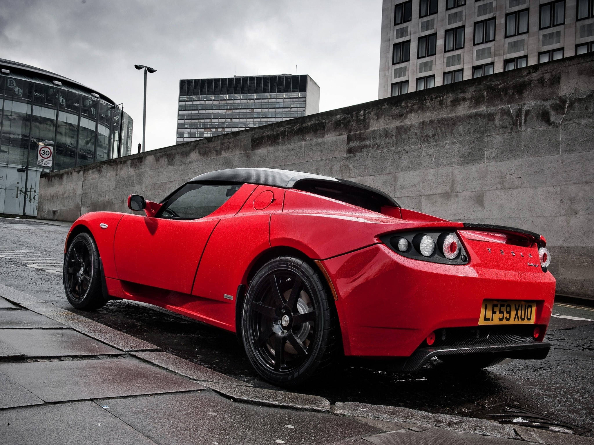 Tesla Roadster, vibrant red, wet pavement, Full HD Desktop Wallpaper