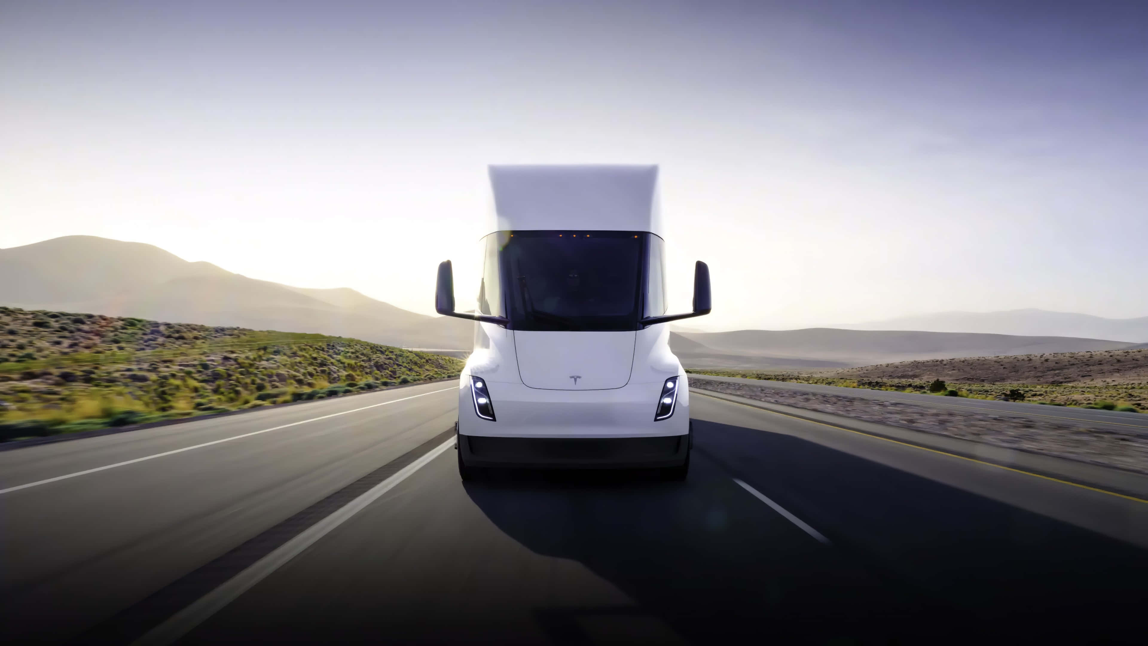 Tesla Semi, white, desert highway, 4K Desktop Wallpaper