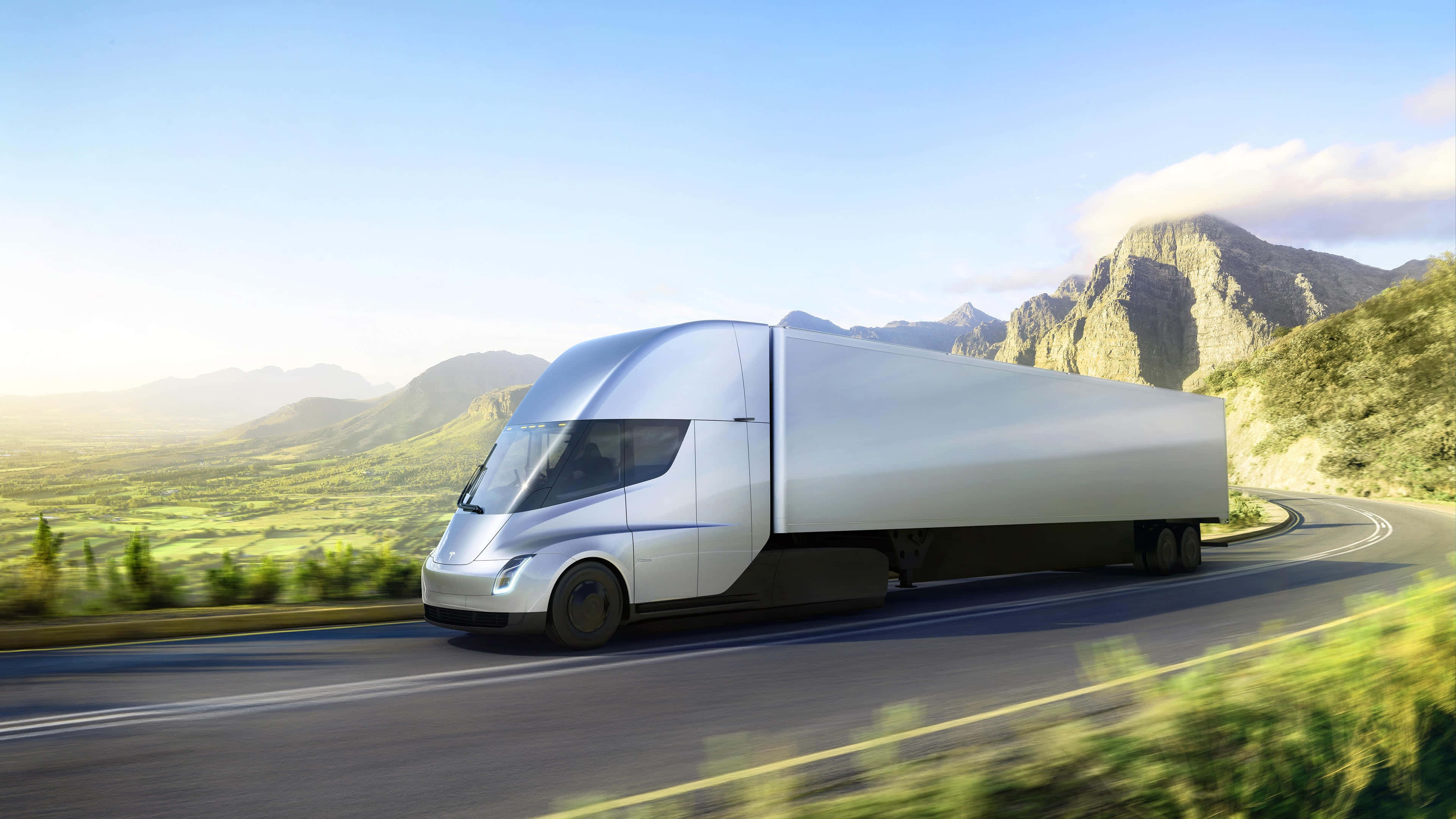 Tesla Semi, silver, mountain road, 4K Desktop Wallpaper