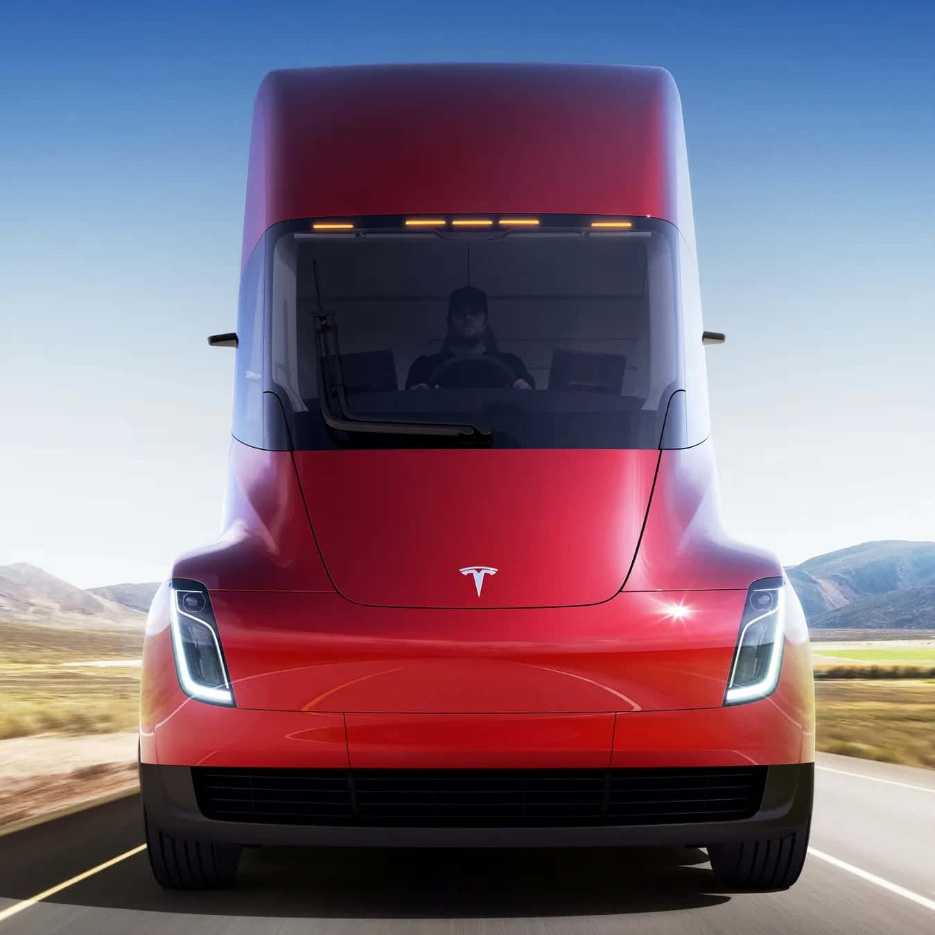 Tesla Semi, red, desert highway, HD Desktop Wallpaper