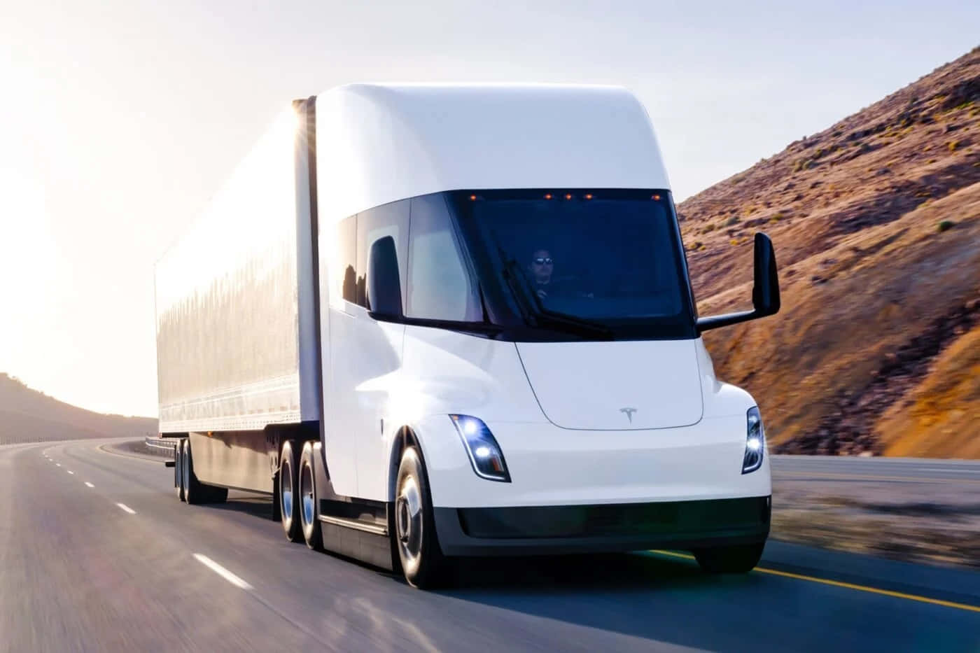 Tesla Semi, white, desert highway, HD Desktop Wallpaper