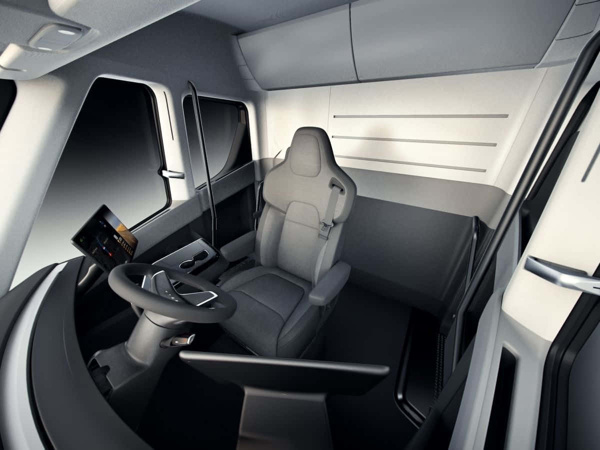 Tesla Semi, interior cabin view, gray ergonomic seat, SD Desktop Wallpaper