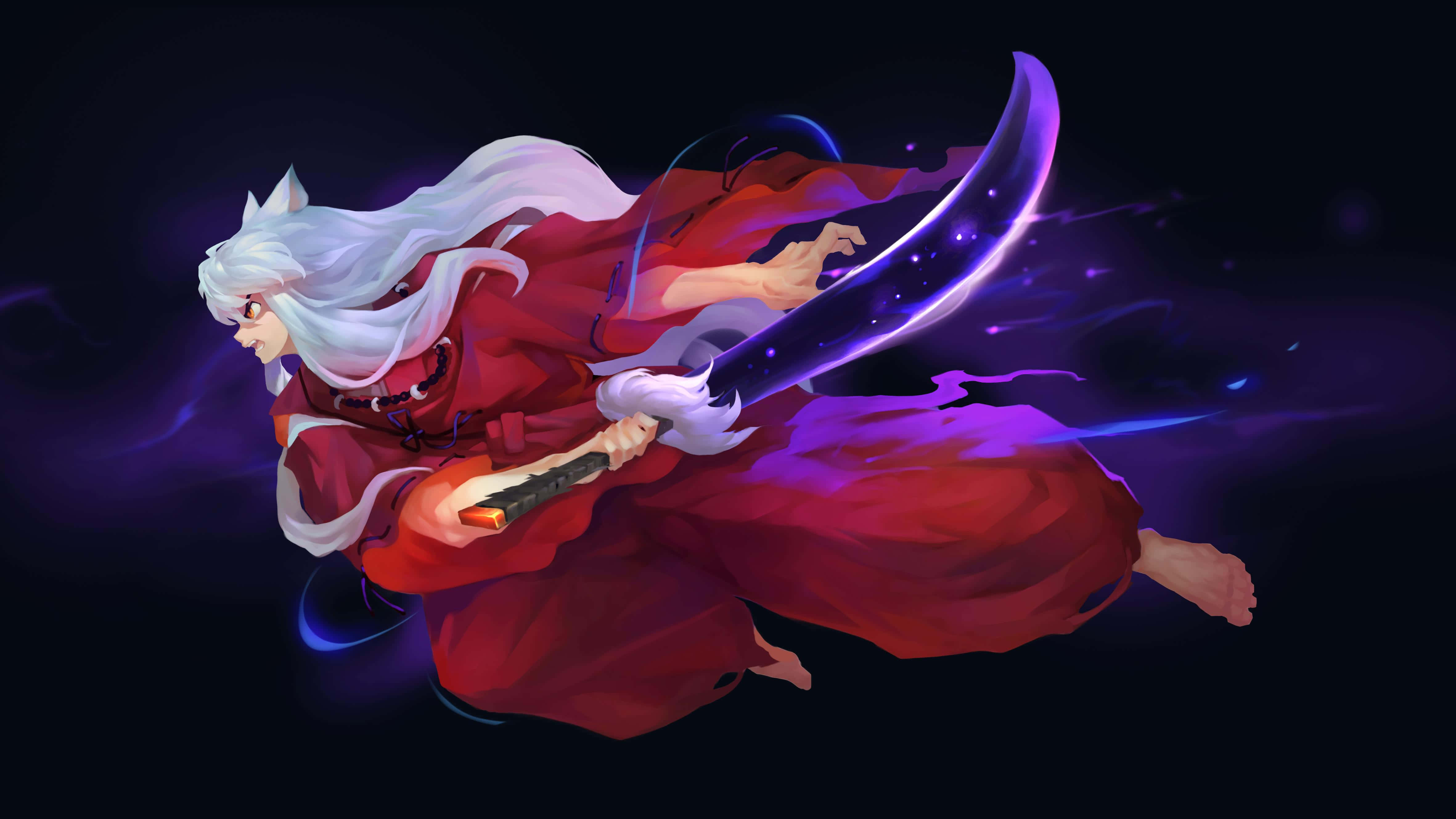 Tessaiga, silver-haired anime warrior, red robes, 4K Desktop Wallpaper