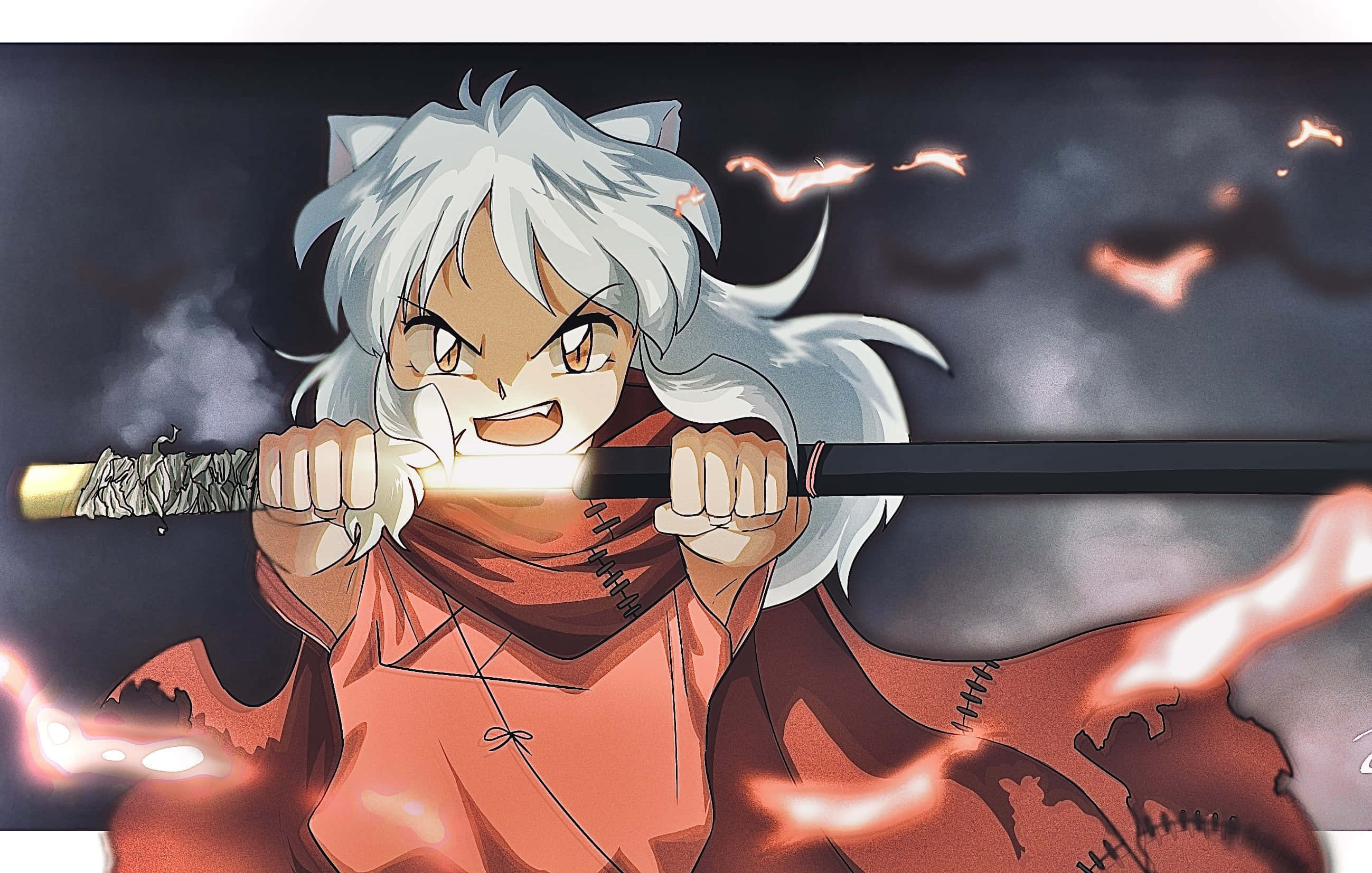 Tessaiga, white hair, red cloak, 2K Desktop Wallpaper