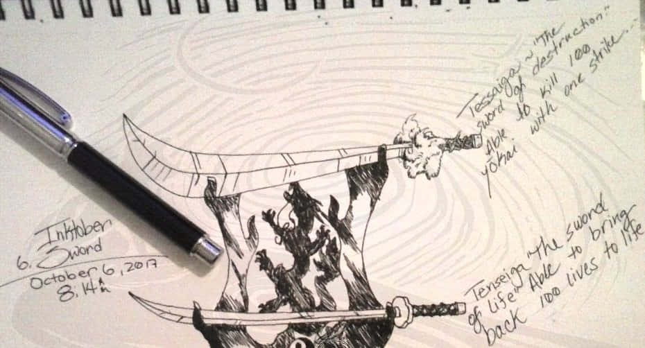 Tessaiga, black ink sketch, two swords, SD Desktop Wallpaper