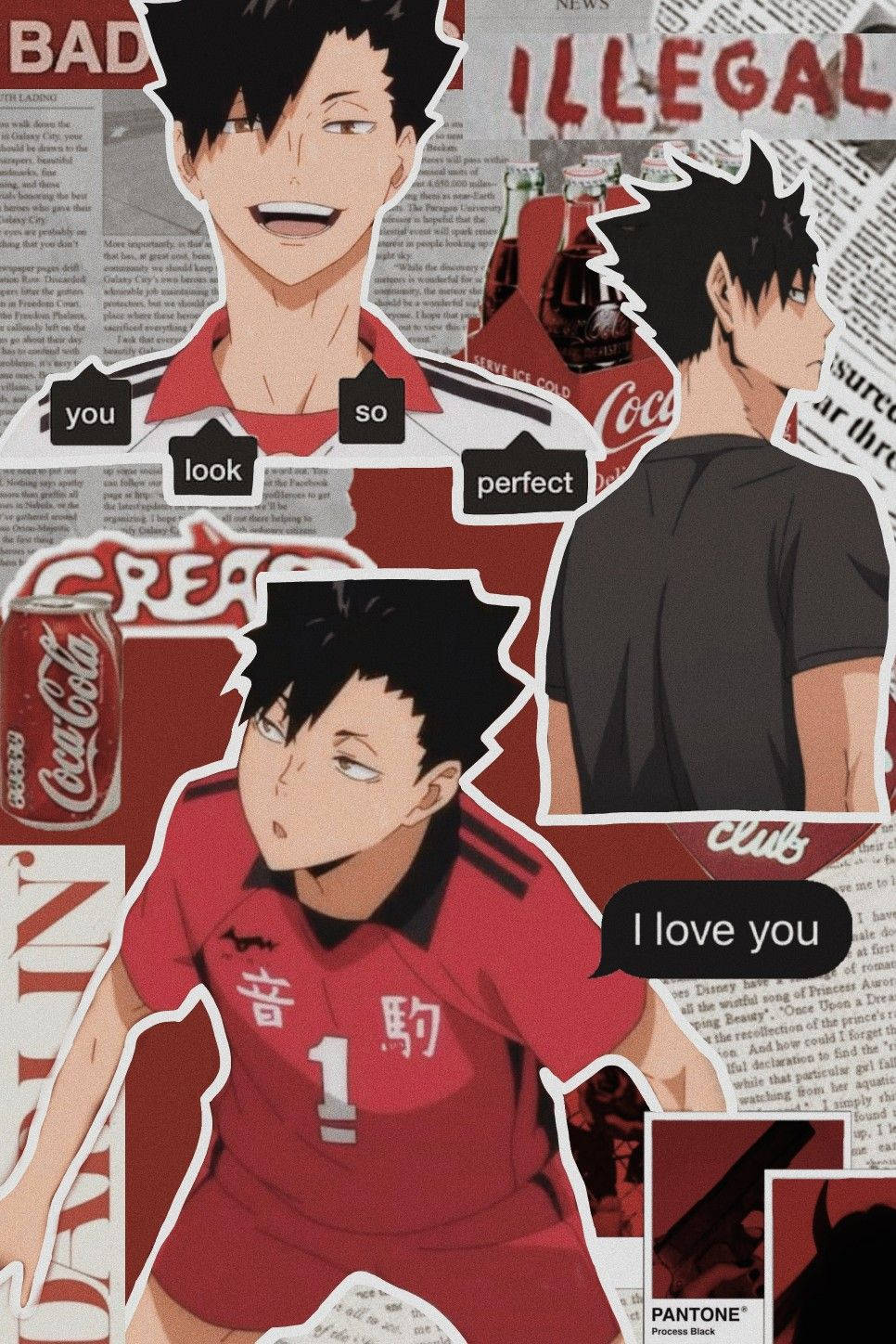 Tetsuro Kuroo, red jersey, newspaper clippings, HD Phone Wallpaper