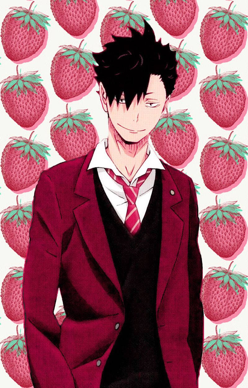 Tetsuro Kuroo, maroon blazer, strawberry pattern background, SD Phone Wallpaper
