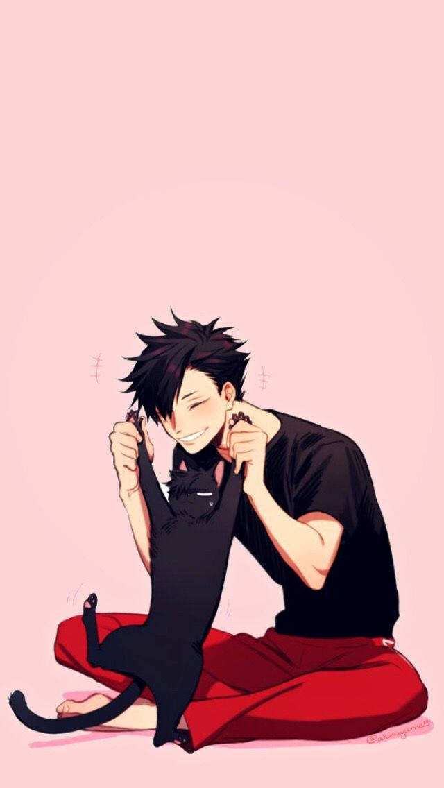 Tetsuro Kuroo, black cat, red pants, SD Phone Wallpaper