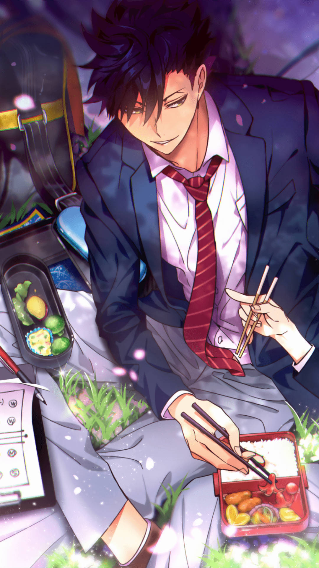 Tetsuro Kuroo, bento box, cherry blossom trees, Full HD Phone Wallpaper