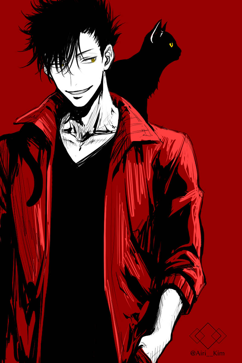 Tetsuro Kuroo, red jacket, black cat, SD Phone Wallpaper