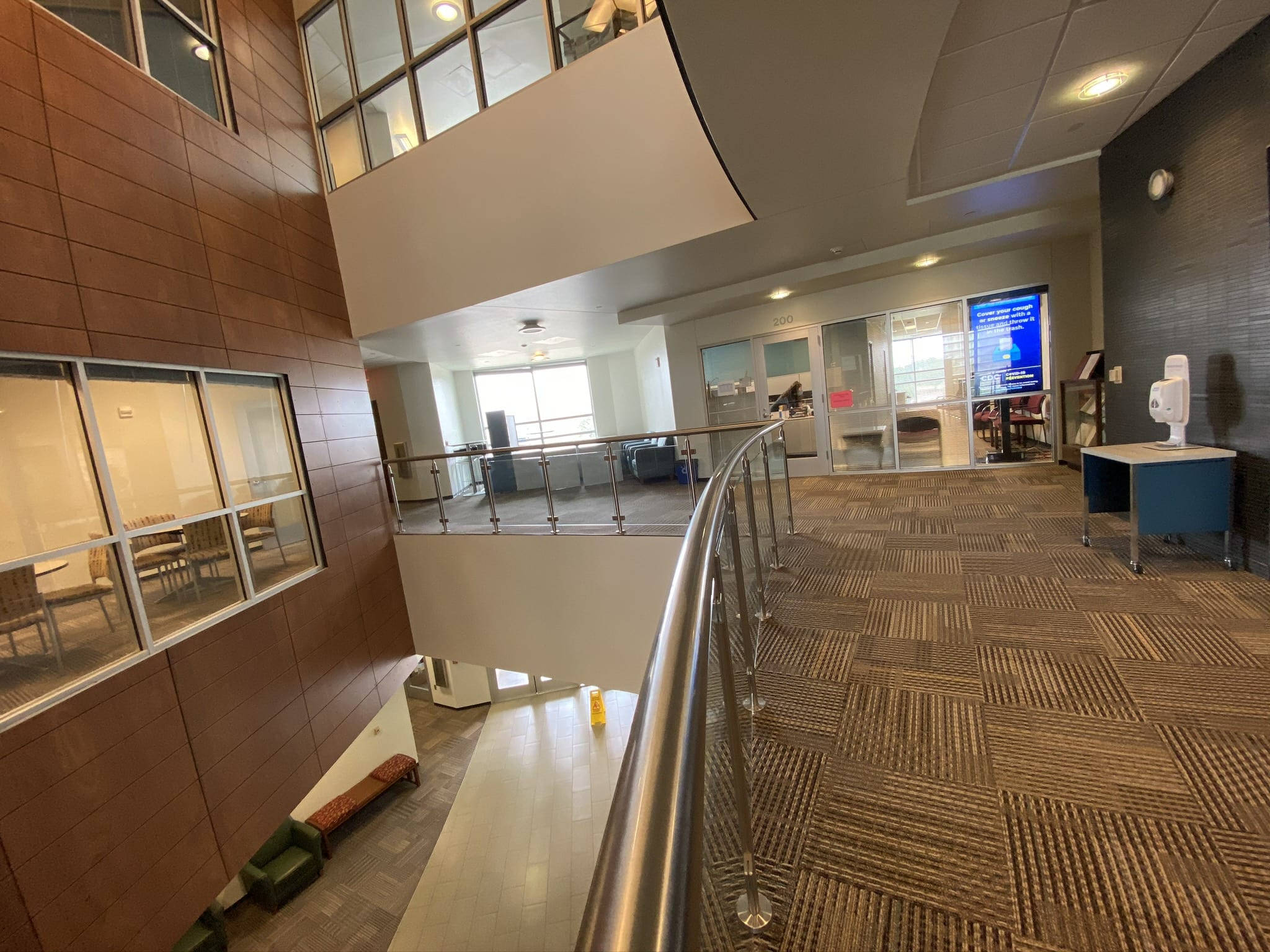 Texas A&M University, modern multi-level building interior, glass railings, Full HD Desktop Wallpaper