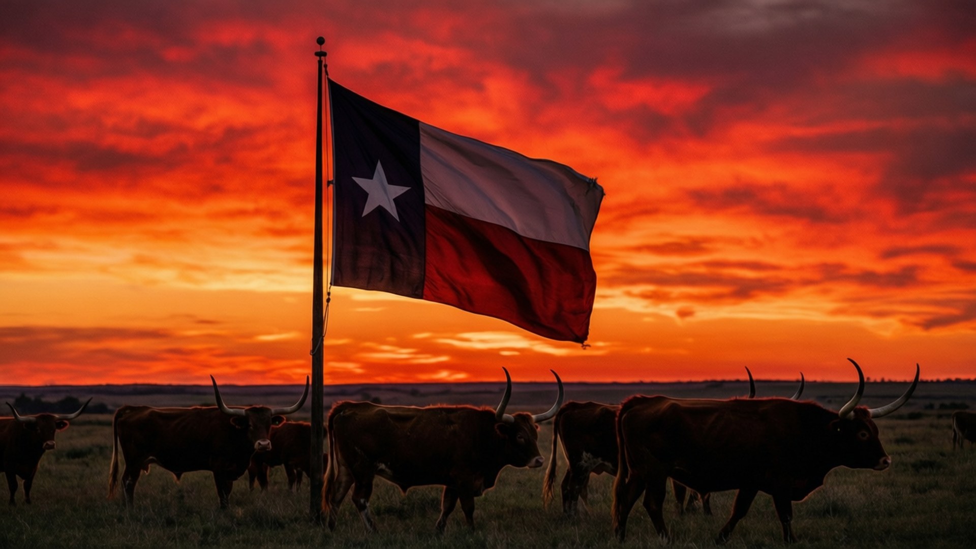 Texas flag, sunset, longhorns, Full HD Desktop Wallpaper