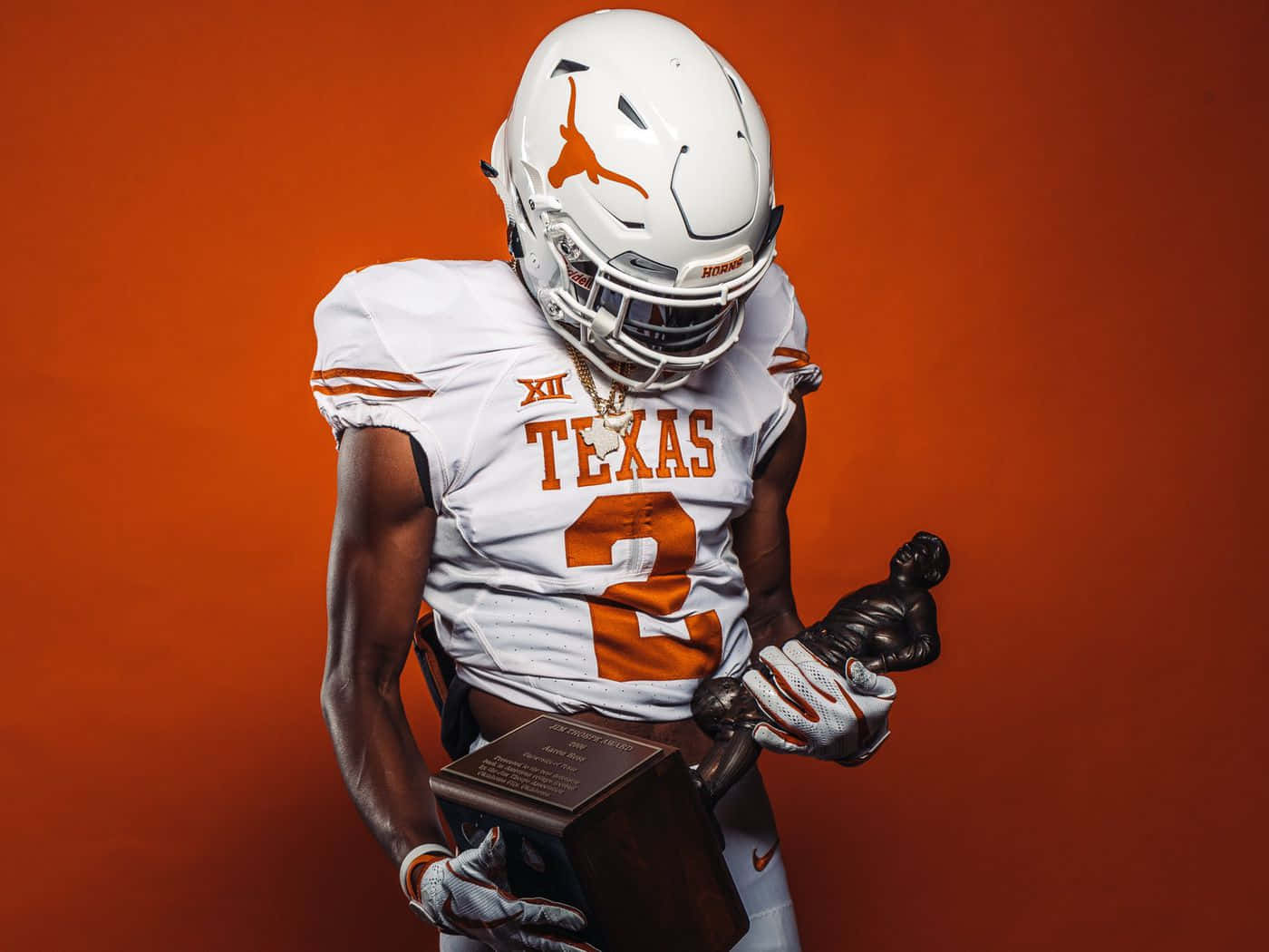 Texas Football, white and orange gear, trophy, HD Desktop Wallpaper