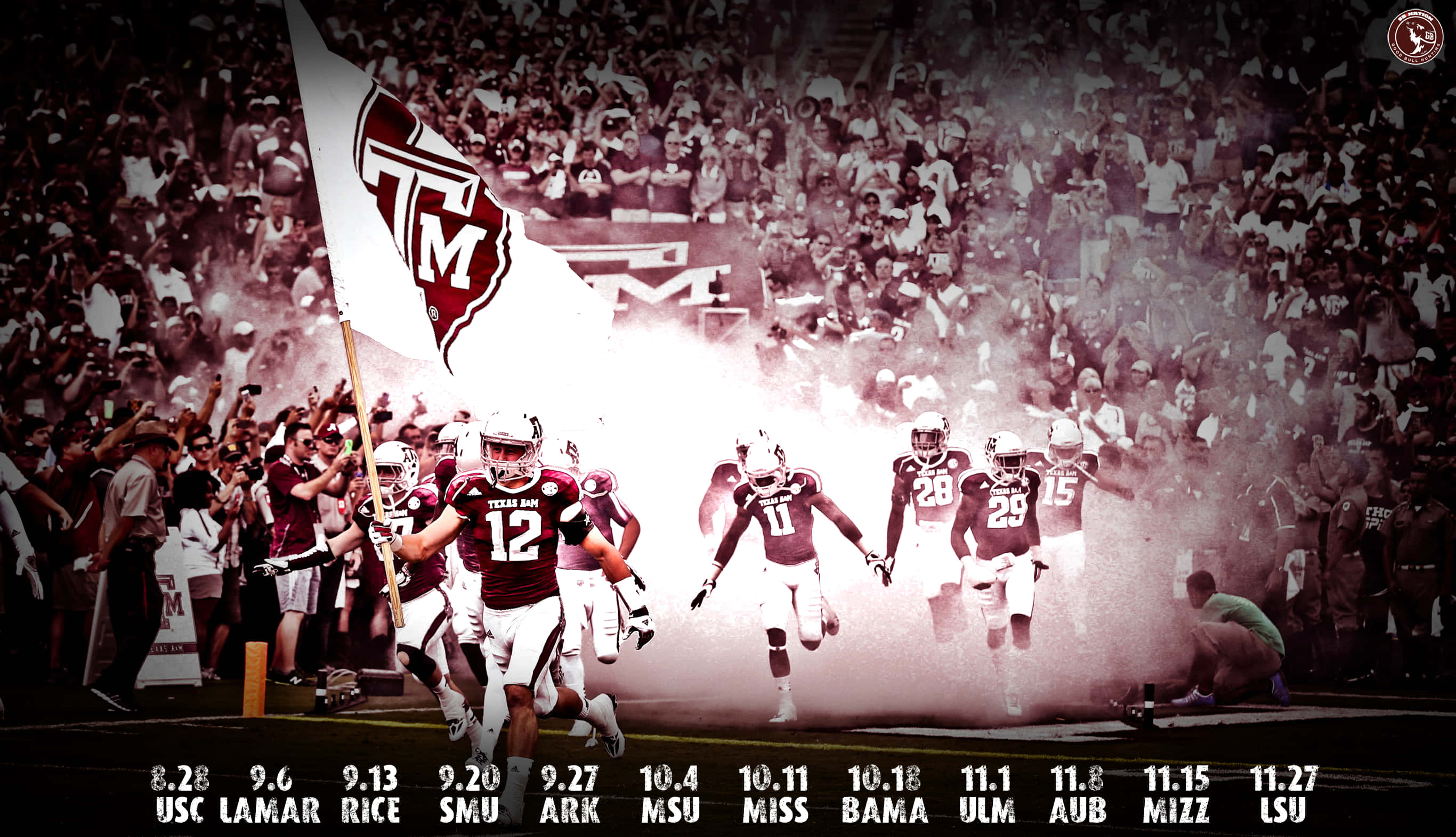 Texas A&M, football team, smoke tunnel, 2K Desktop Wallpaper