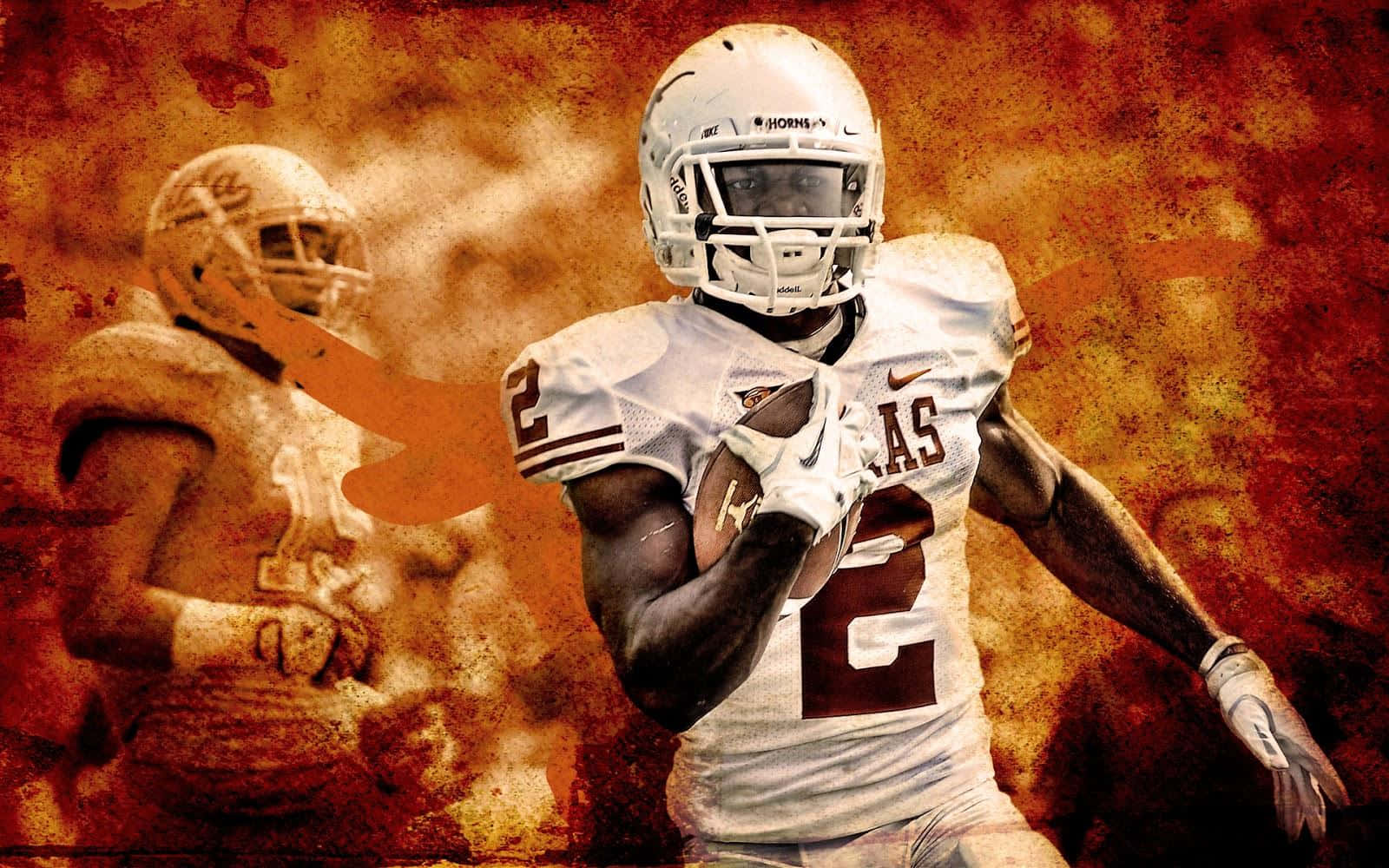 Texas Football, white uniform, fiery orange textured background, HD Desktop Wallpaper