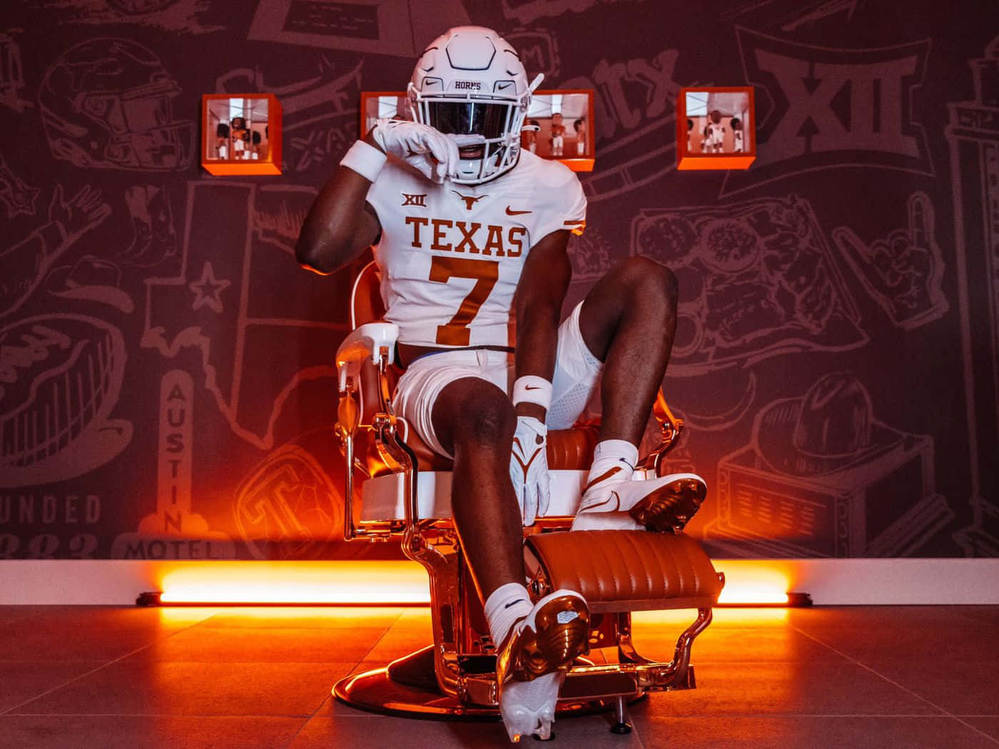 Texas Longhorns, white and burnt orange gear, vintage barber chair, HD Desktop Wallpaper