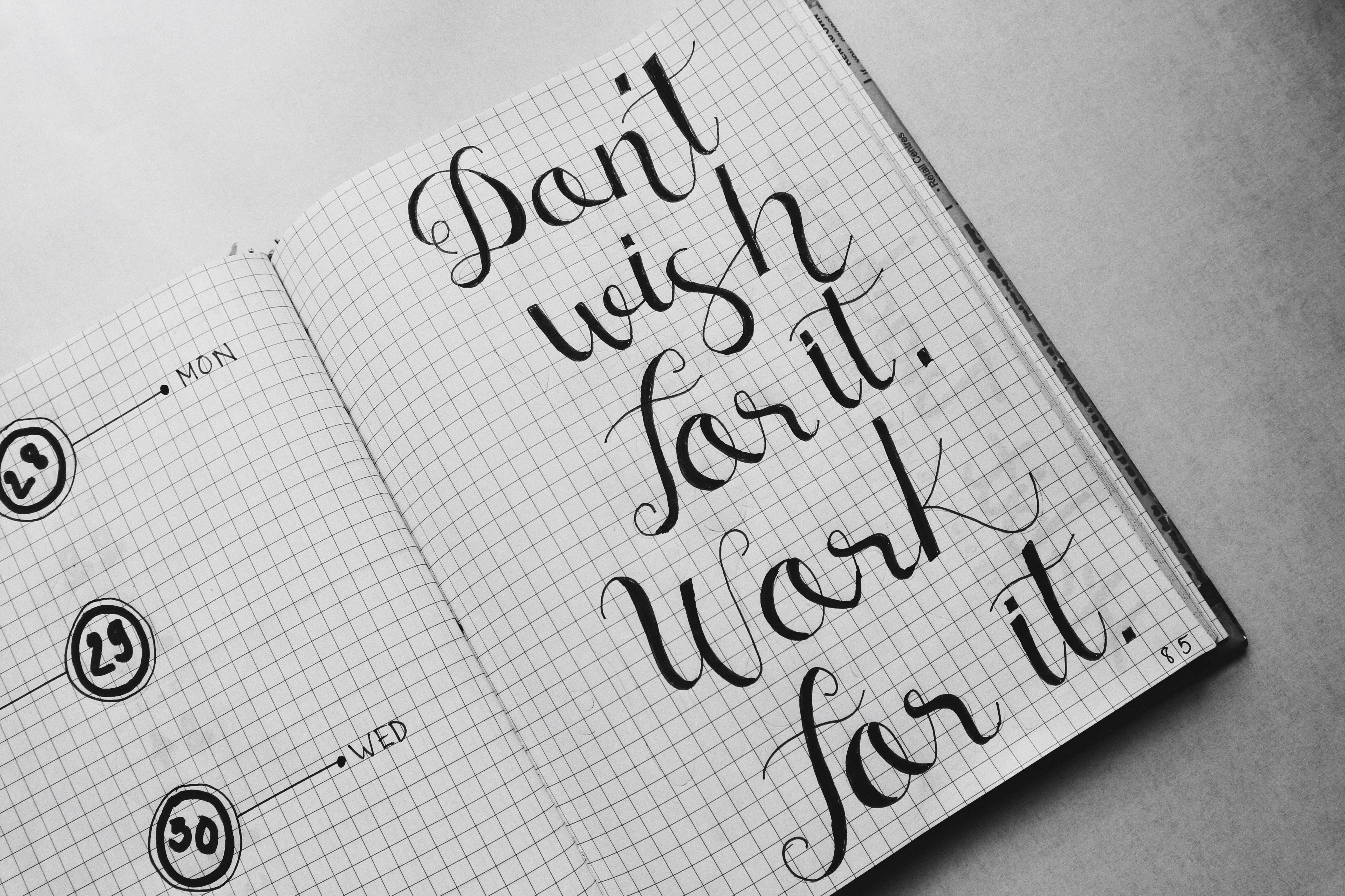 black and white, grid notebook page, elegant calligraphy, 5K Desktop Wallpaper