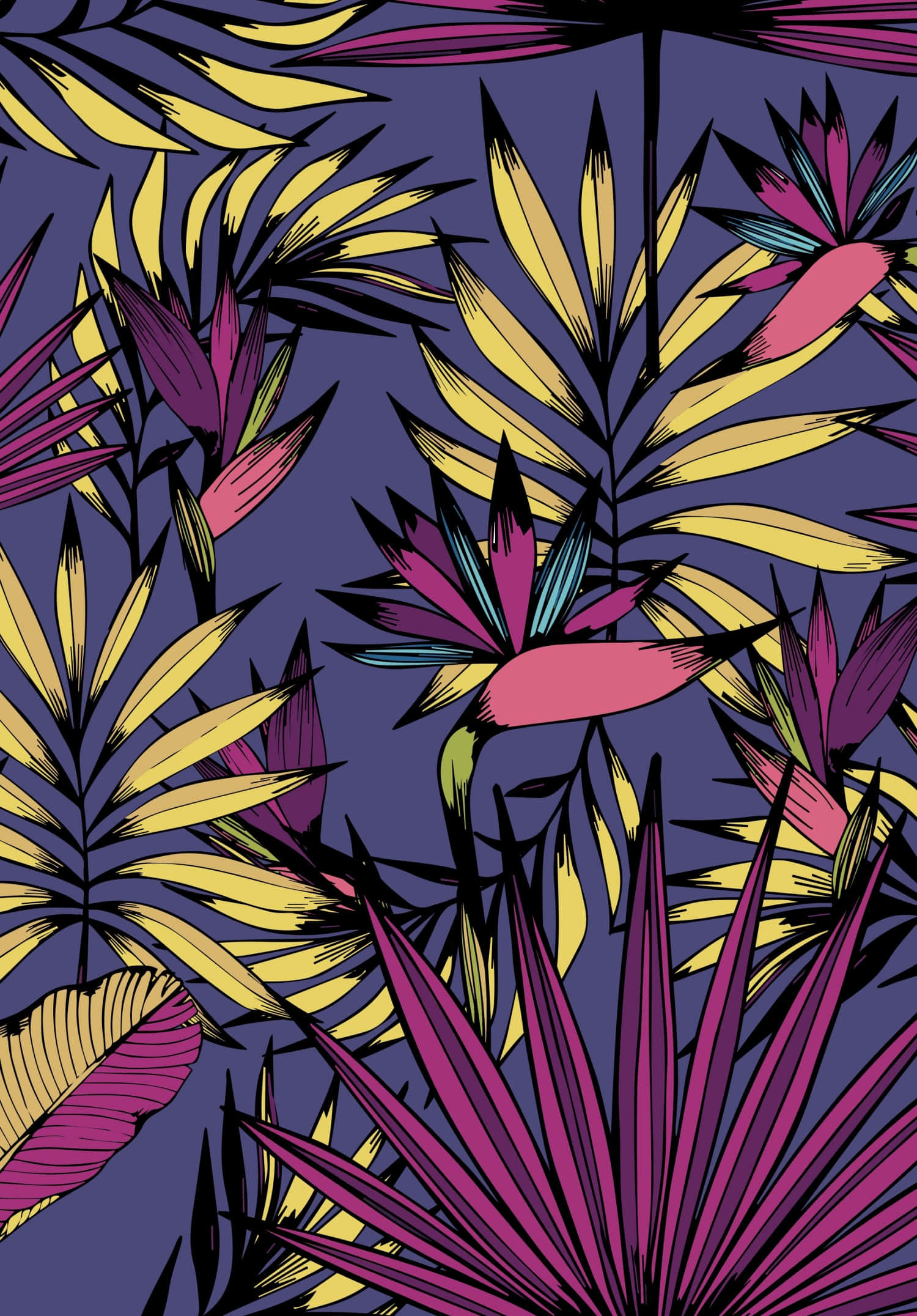 tropical leaves, bold yellow pink and purple hues, deep indigo background, Full HD Phone Wallpaper