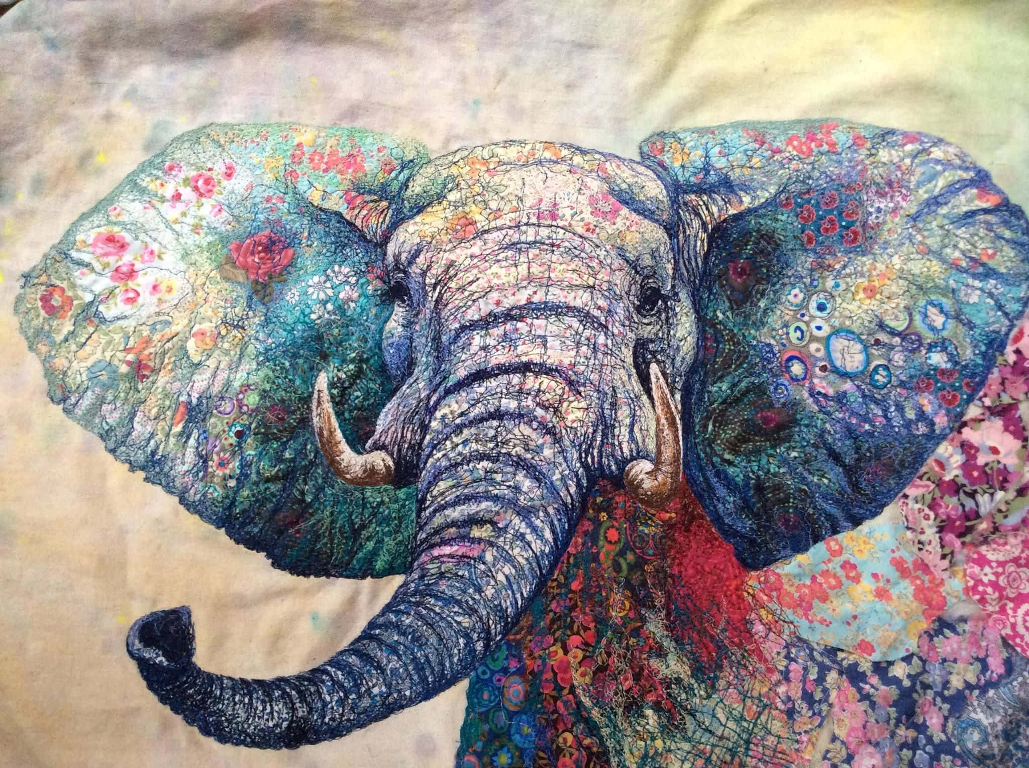 textile art, vibrant illustrated elephant, floral patterns, Full HD Desktop Wallpaper