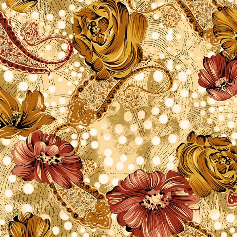 Textile Art, golden roses, red roses, SD Desktop Wallpaper
