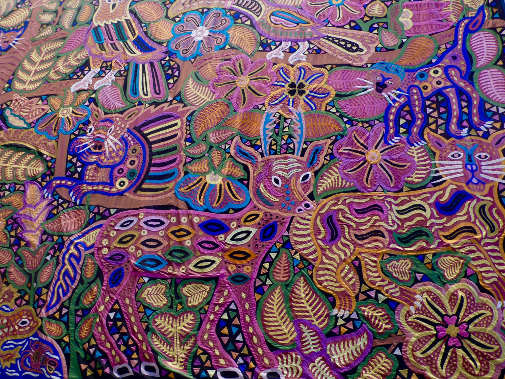 textile art, hand-embroidered textile, stylized animals, Full HD Desktop Wallpaper