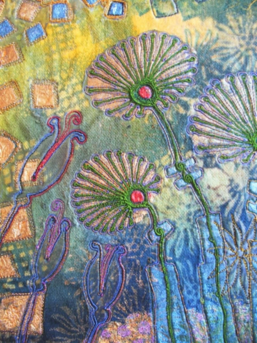 textile art, embroidered dandelion-like flowers, red centers, SD Phone Wallpaper