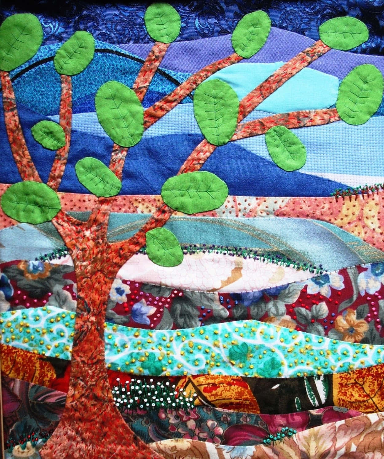 Abstract Textile Art Collage, patchwork quilt, tree, HD Phone Wallpaper