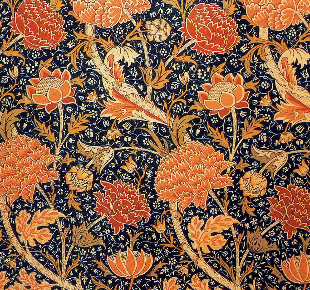 Textile Art, vibrant orange, gold floral pattern, HD Desktop Wallpaper