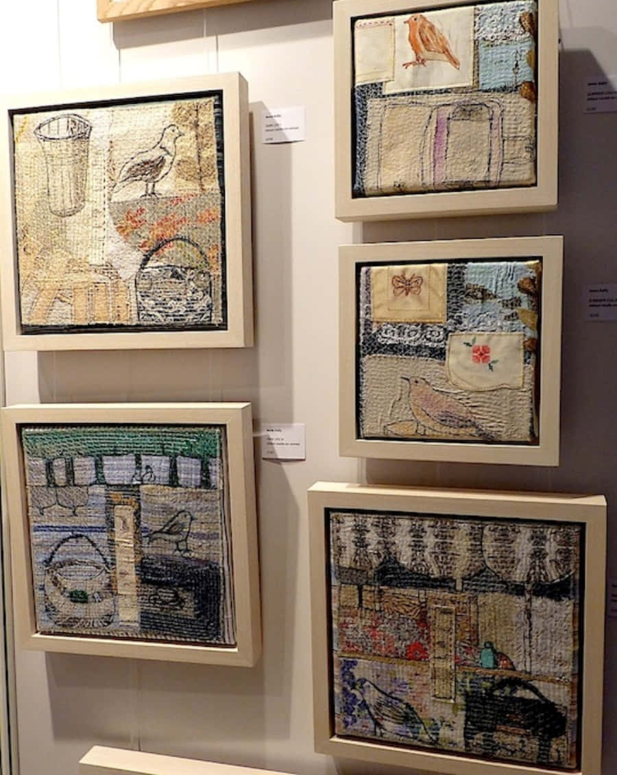 textile art, five framed textile artworks, stitched birds, SD Phone Wallpaper