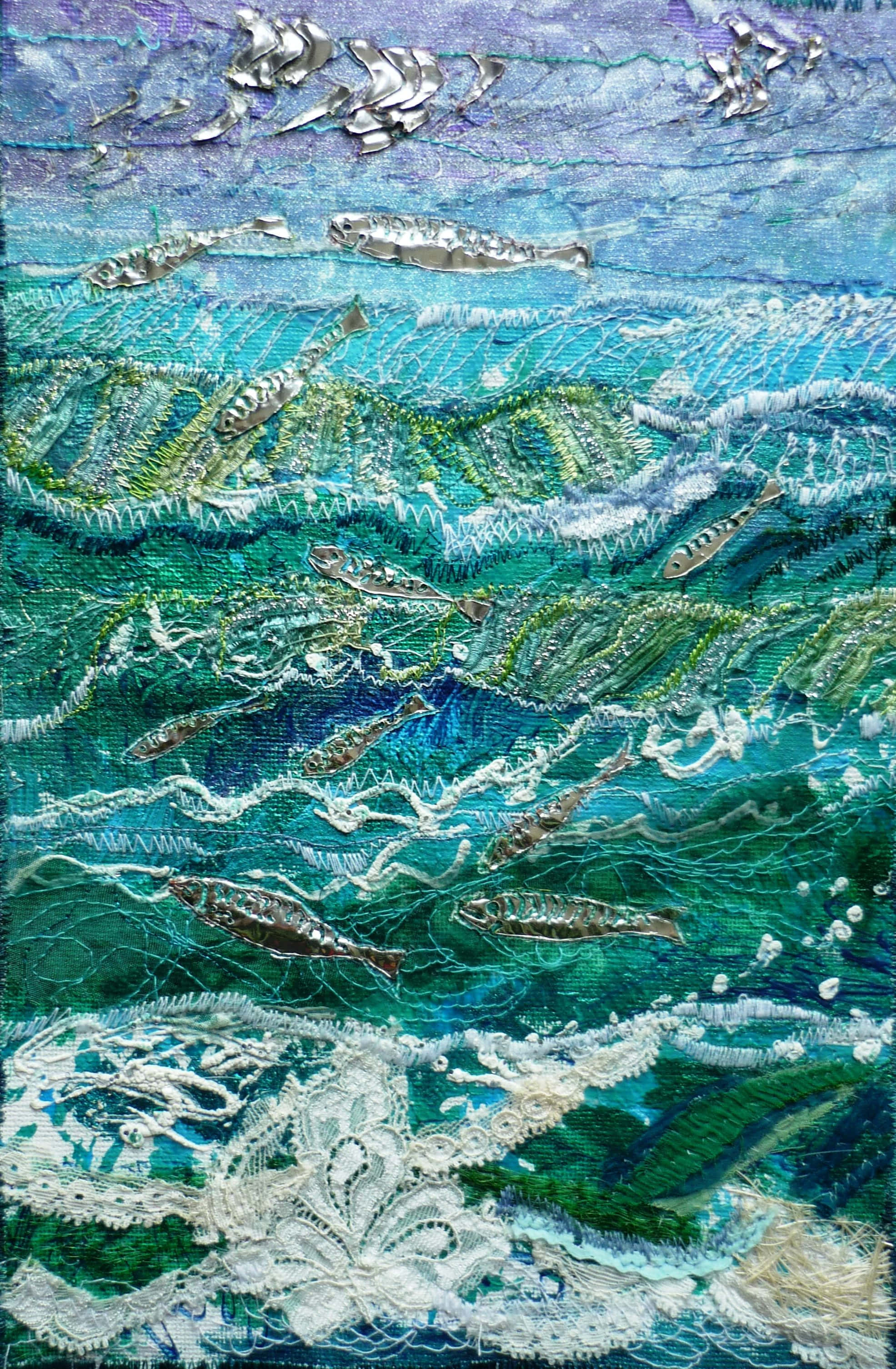 textile art 1971, silver fish, ocean waves, 2K Phone Wallpaper