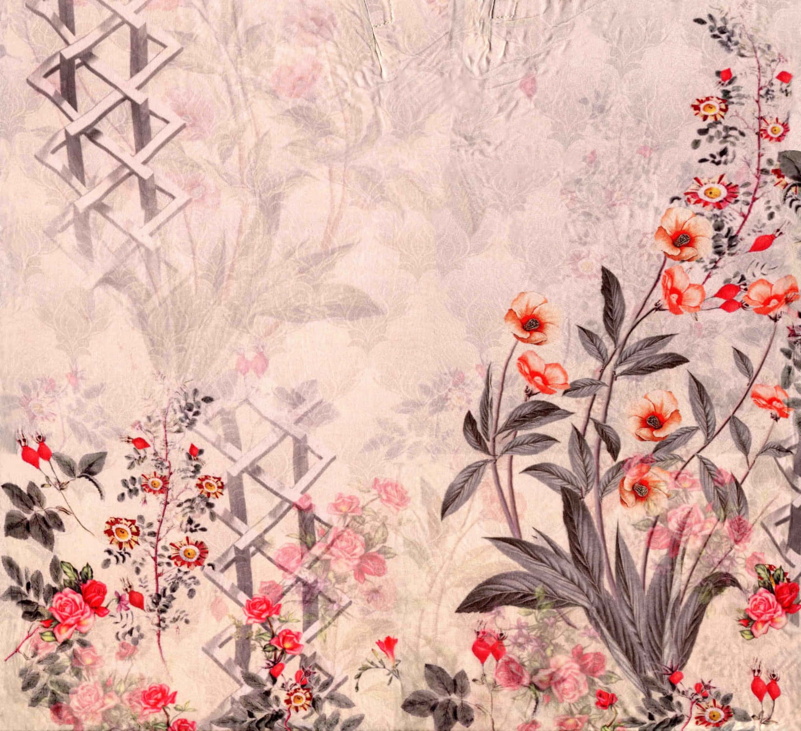 textile art, vintage floral wallpaper, red and pink blossoms, HD Desktop Wallpaper