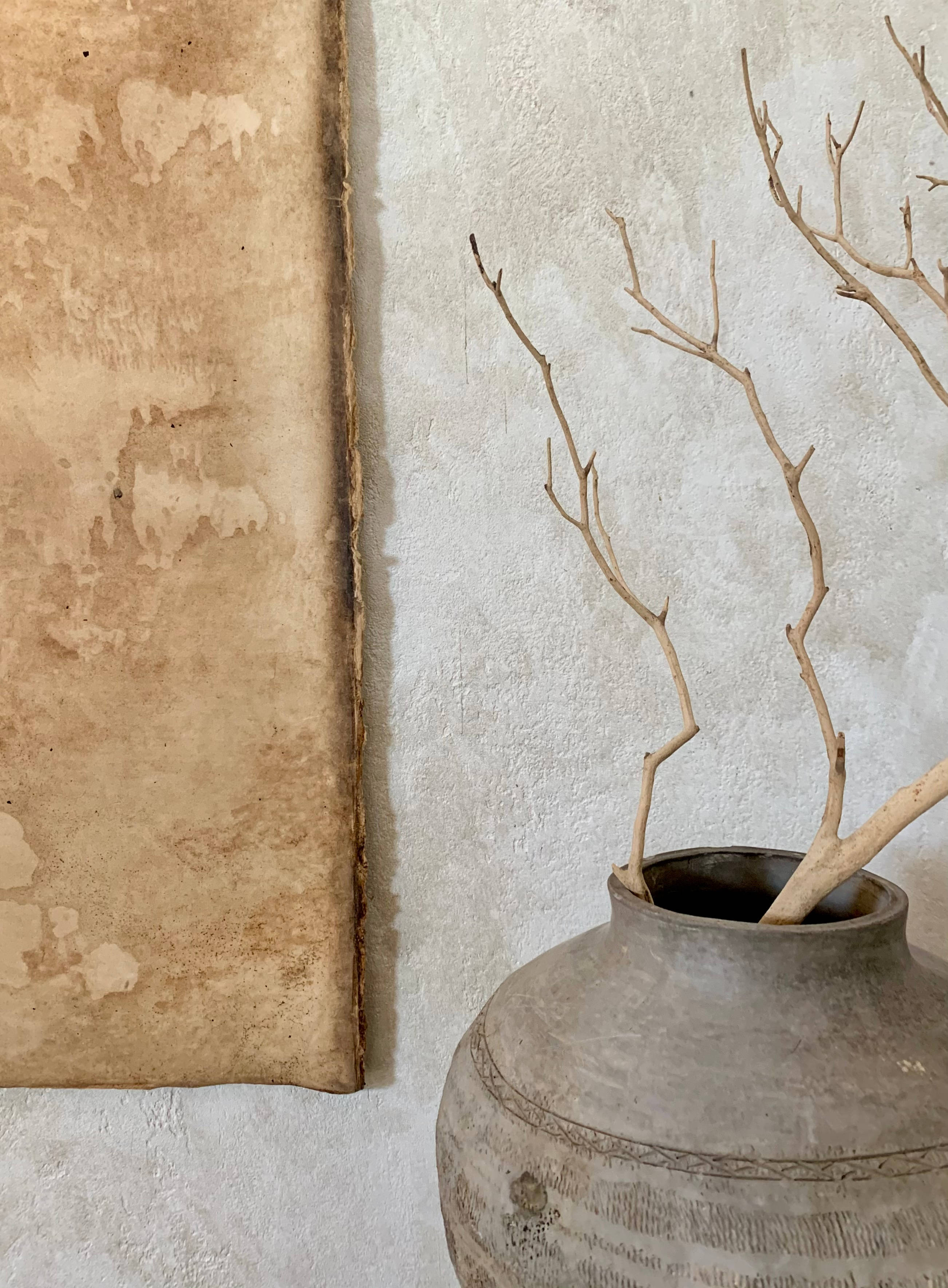 beige minimalist woven fabric, rustic clay vase, bare branches, 2K Phone Wallpaper