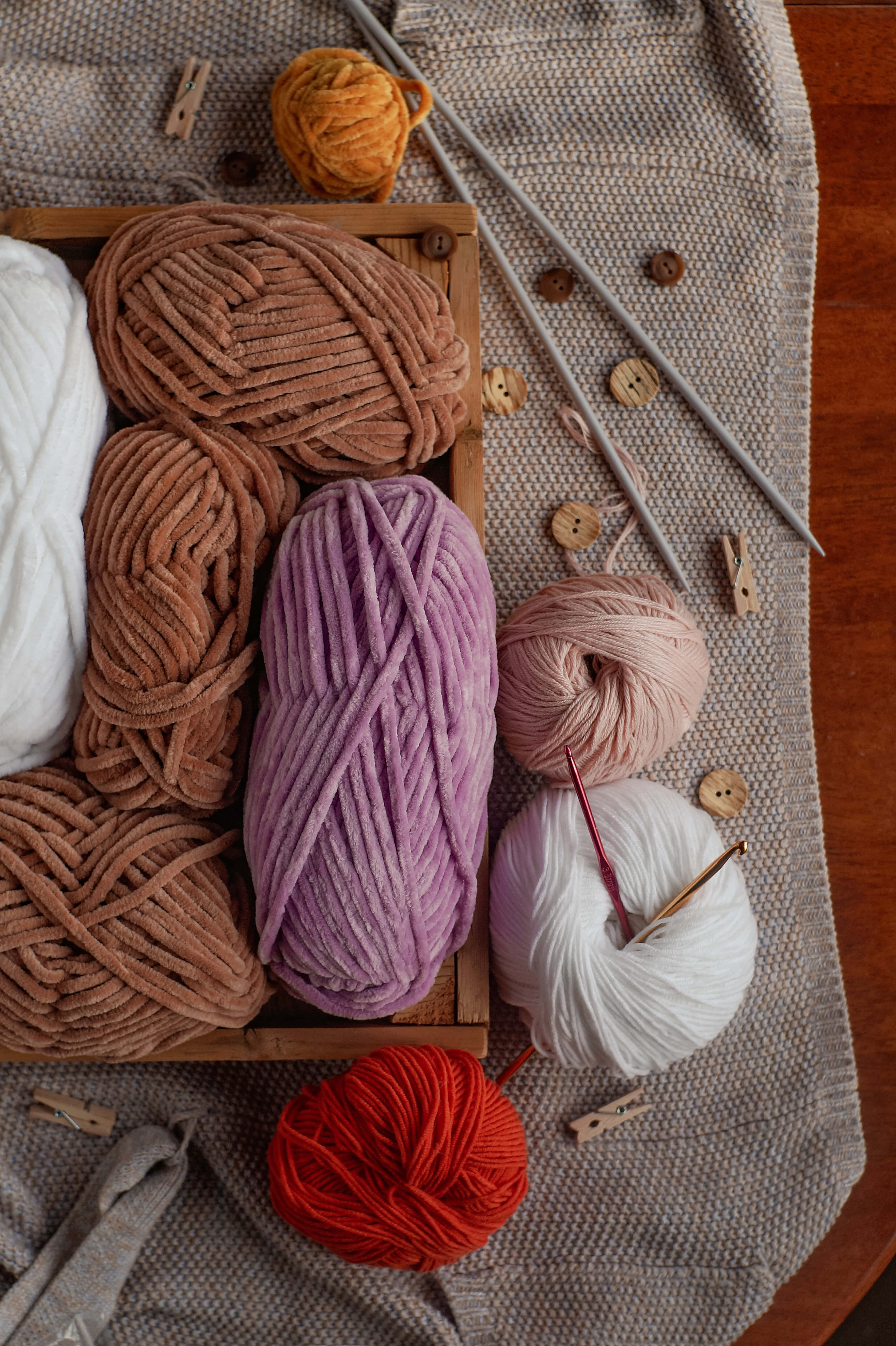 colorful chunky yarn balls, wooden tray, knitting needles, 4K Phone Wallpaper