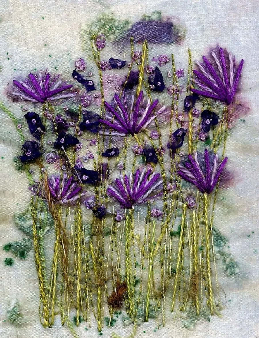 textile art, purple flowers, gold stems, SD Phone Wallpaper