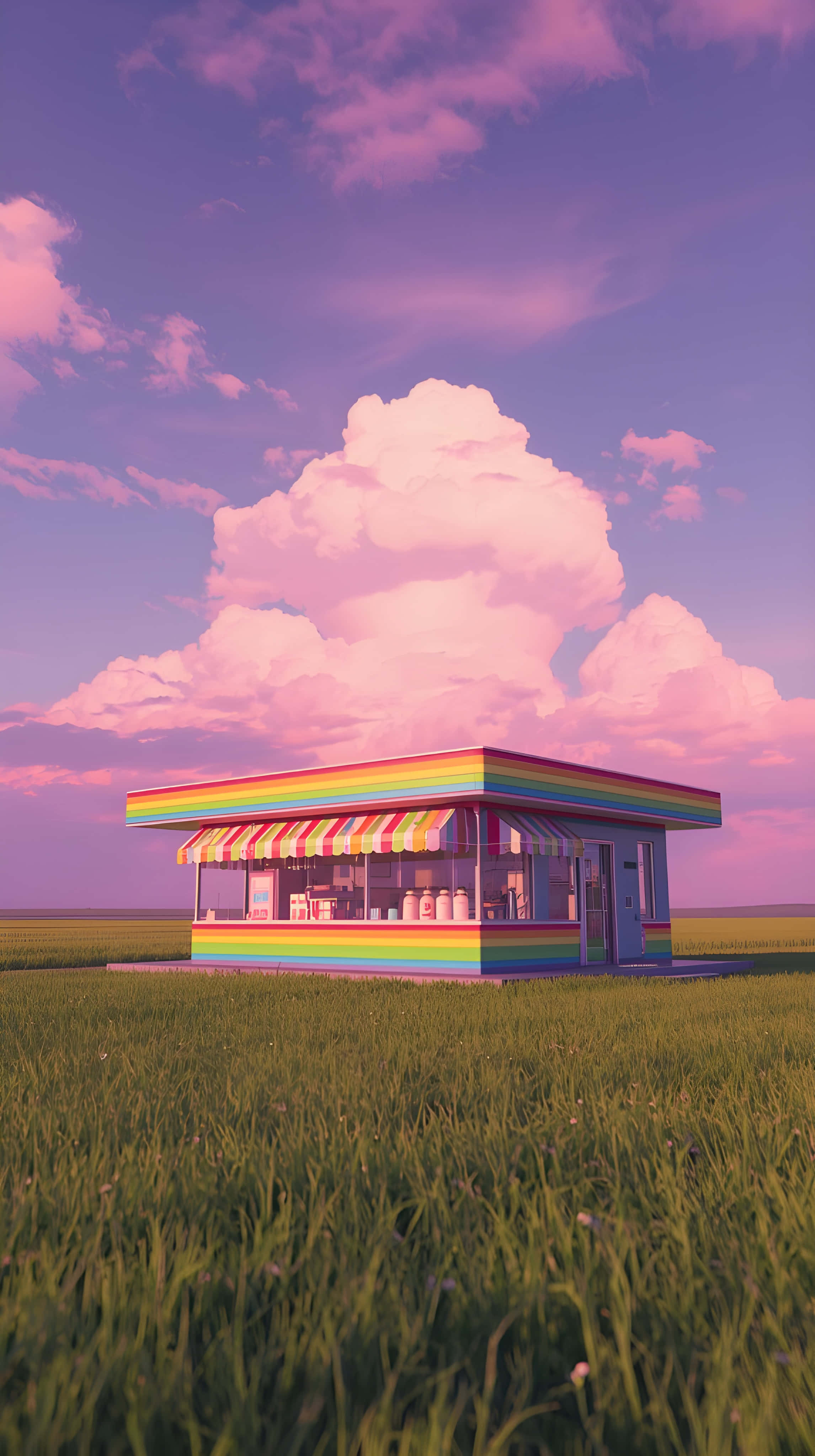 pastel ice cream shop, rainbow-striped ice cream stand, grassy field, 4K Phone Wallpaper