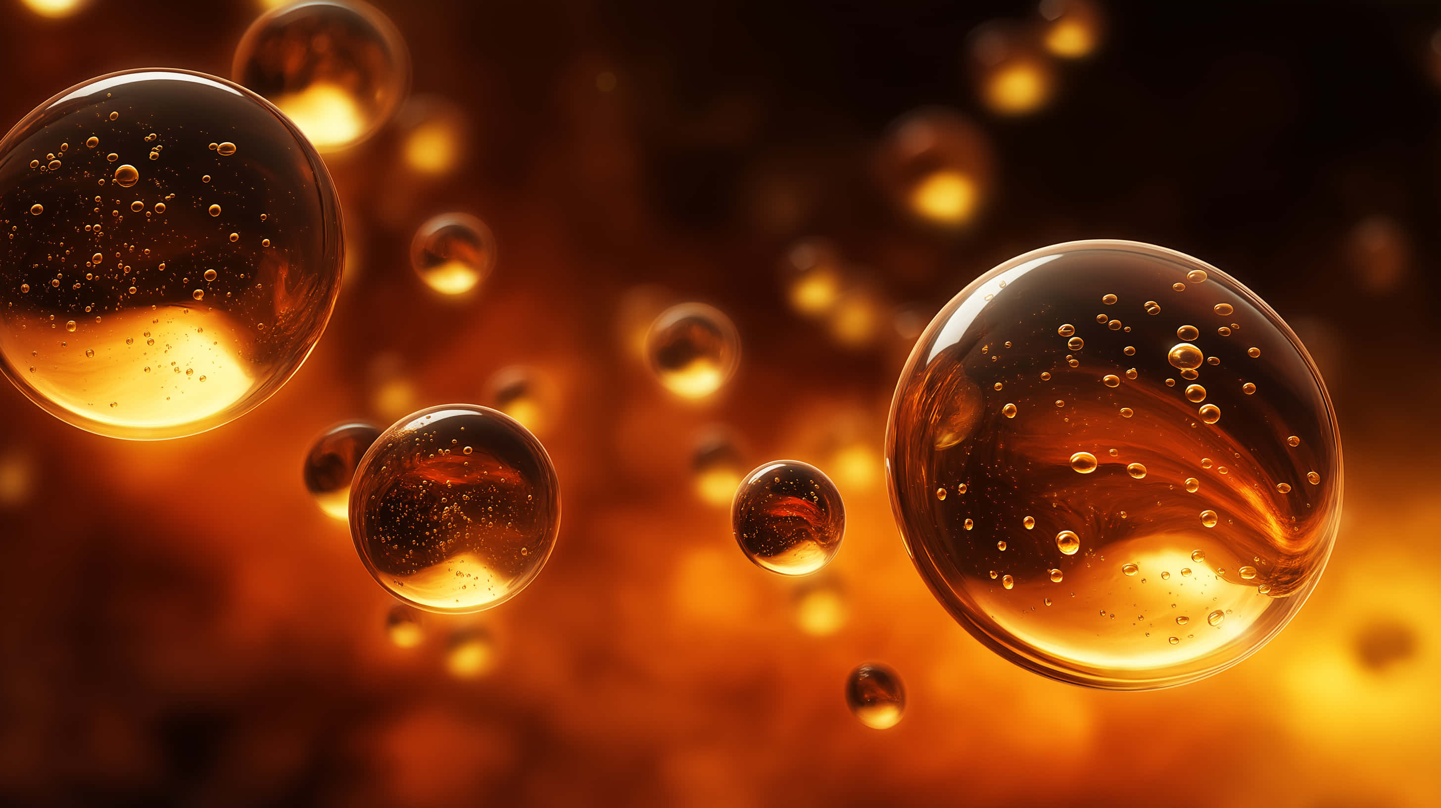 floating luminous spheres, abstract liquid science, glowing amber bubbles, 2K Desktop Wallpaper