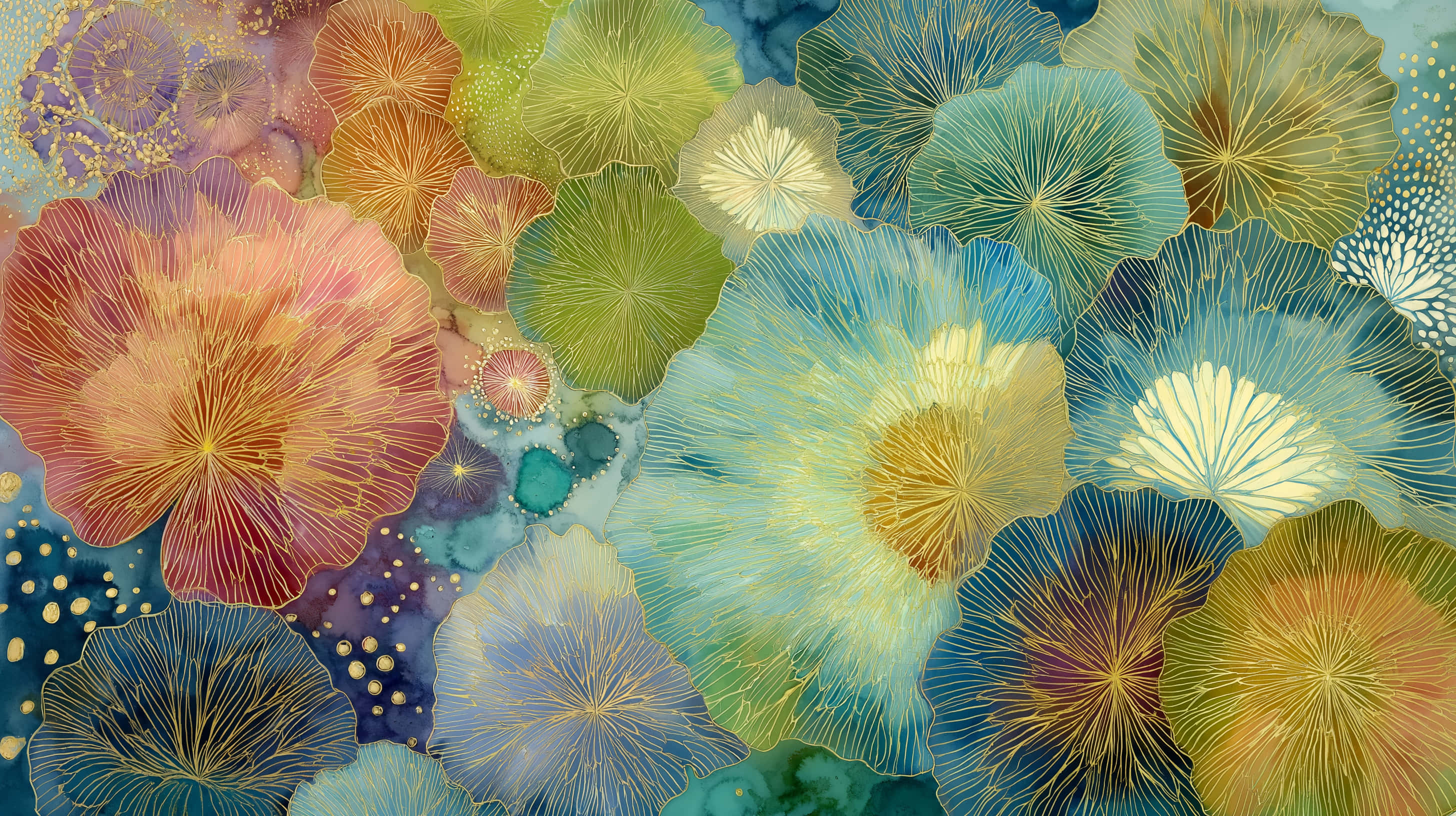 abstract botanical art, gold accents, organic forms, 2K Desktop Wallpaper