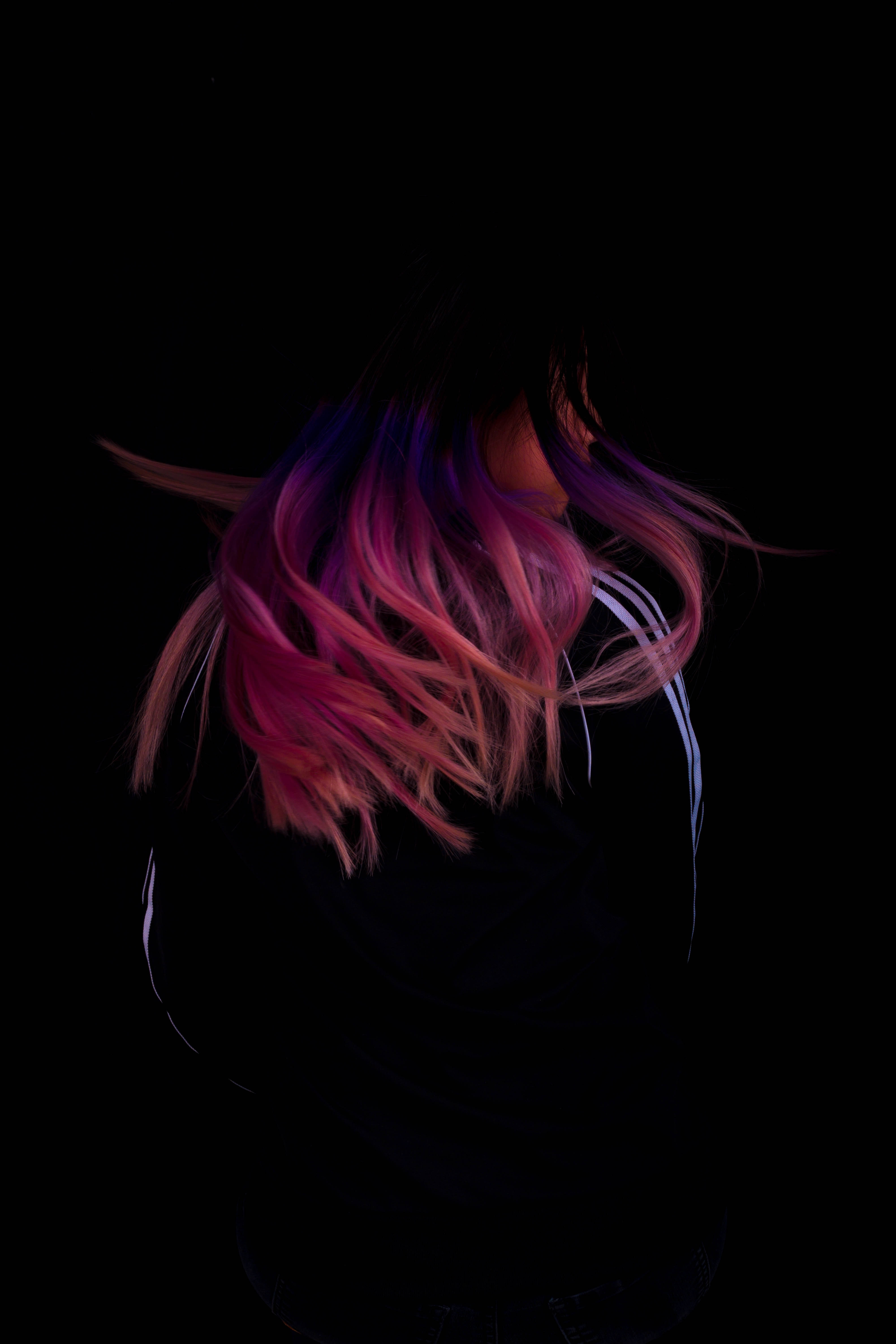 black background, vibrant pink hair, vibrant purple hair, 5K Phone Wallpaper