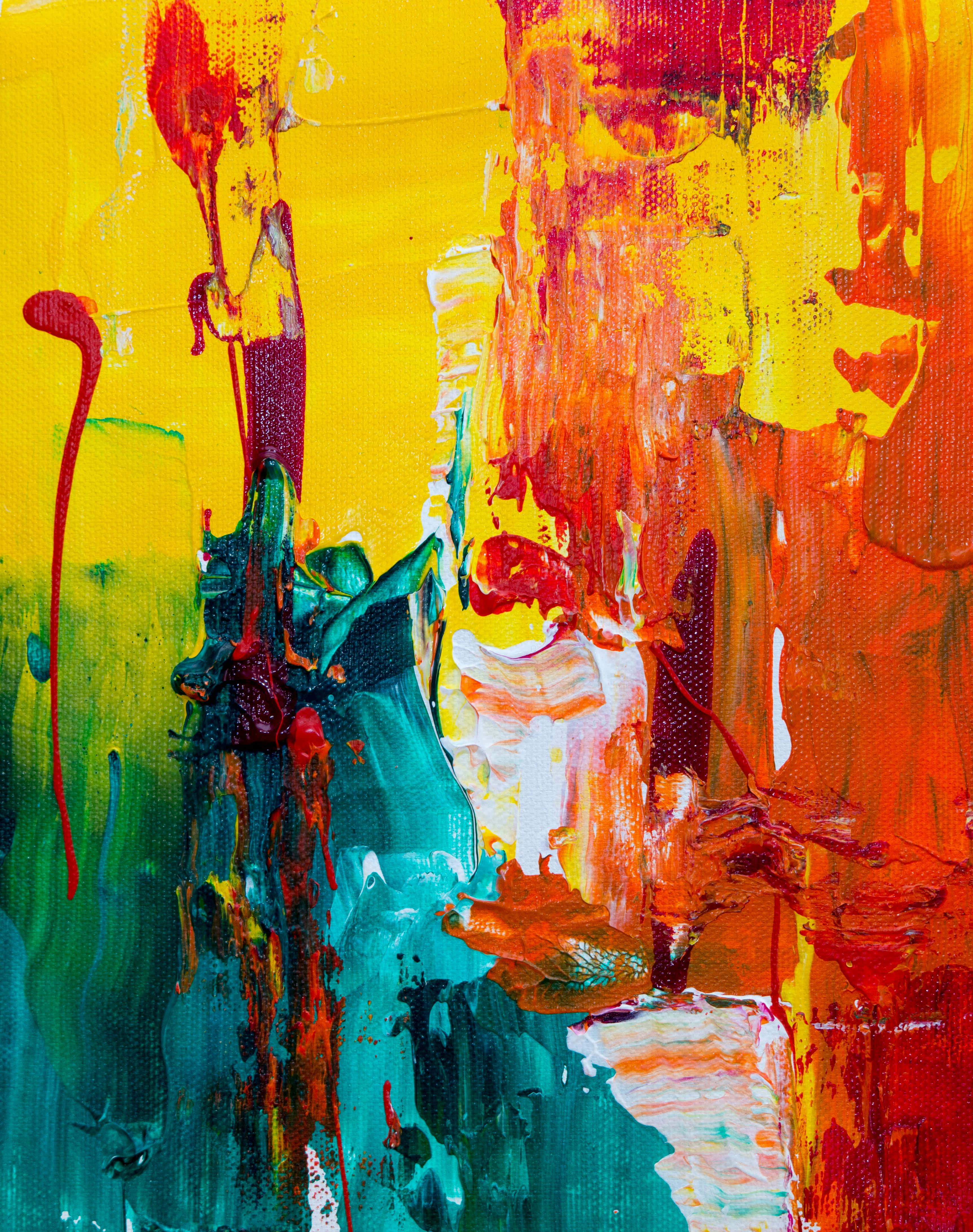 vibrant abstract acrylic painting, bold yellow orange and teal brushstrokes, textured canvas, 4K Phone Wallpaper
