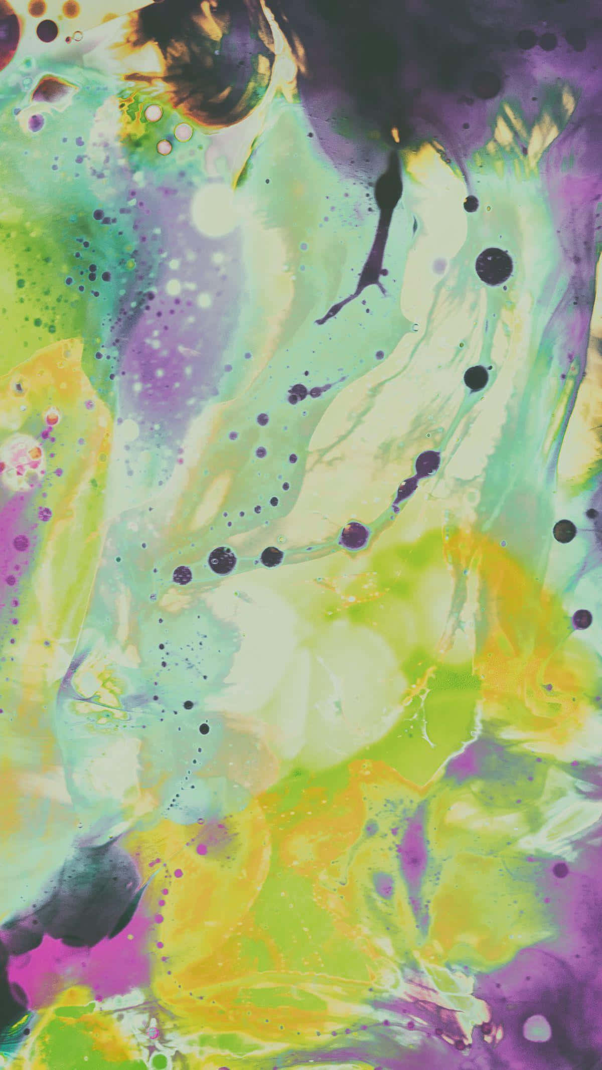 vibrant abstract paint splatter, swirling green yellow purple and black dots, light background, Full HD Phone Wallpaper
