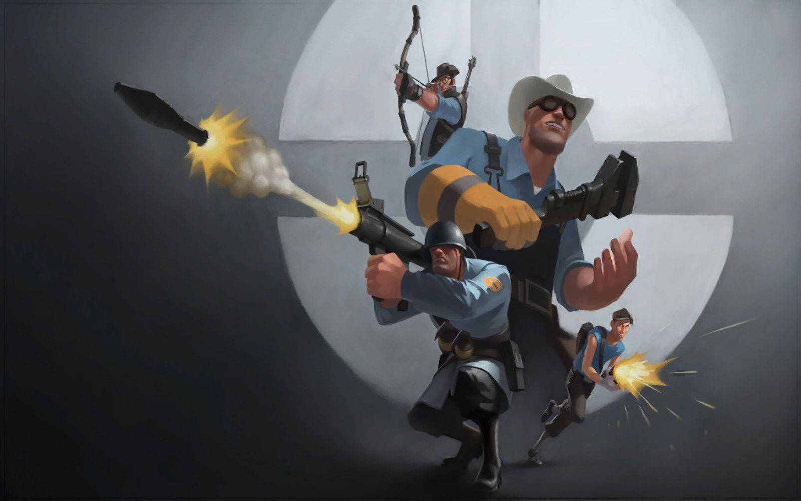 TF2, blue uniforms, explosive effects, HD Desktop Wallpaper