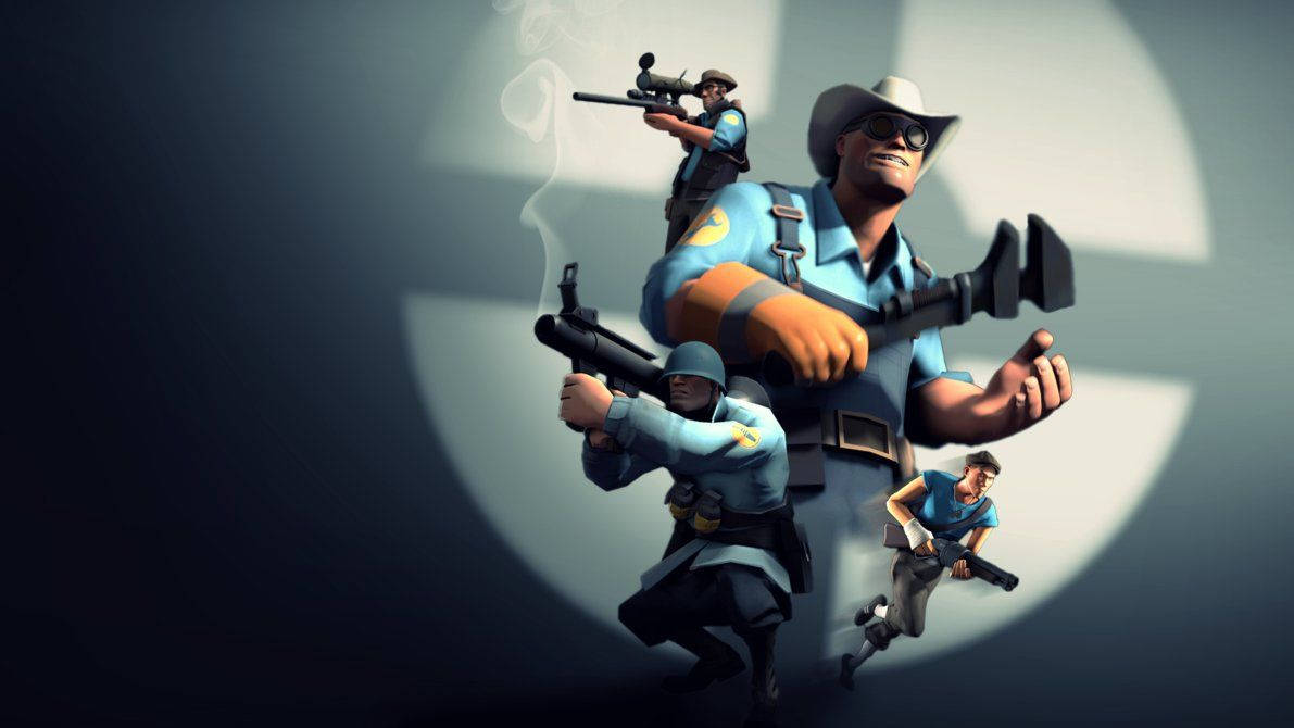 TF2, blue background, blue uniforms, SD Desktop Wallpaper