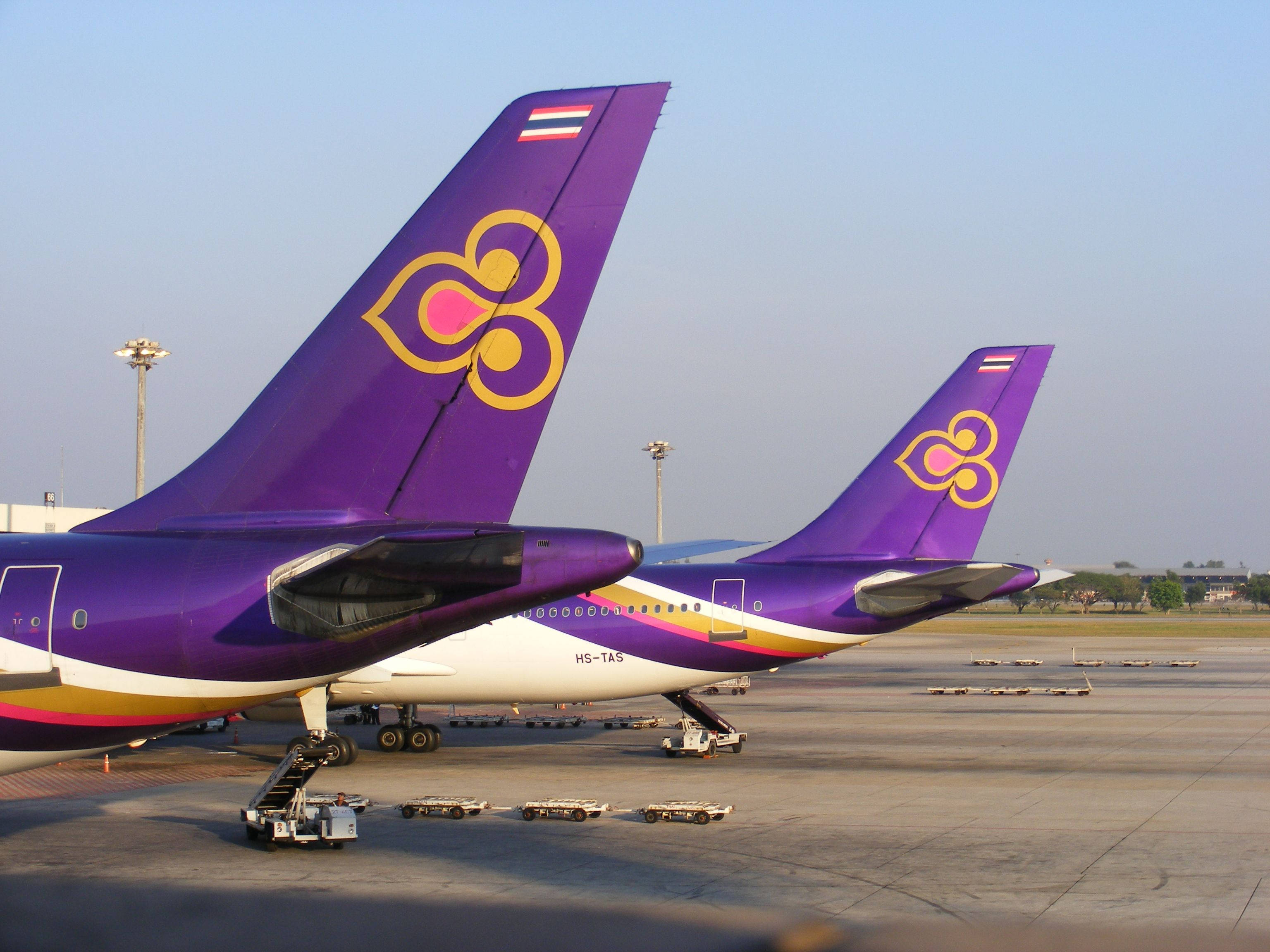 Thai Airways, purple tails, gold logos, 2K Desktop Wallpaper