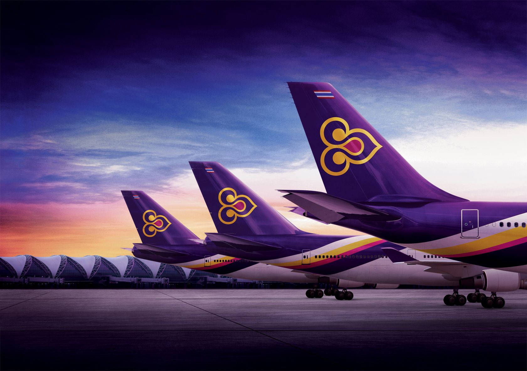 Thai Airways, purple airplane, airport tarmac, HD Desktop Wallpaper