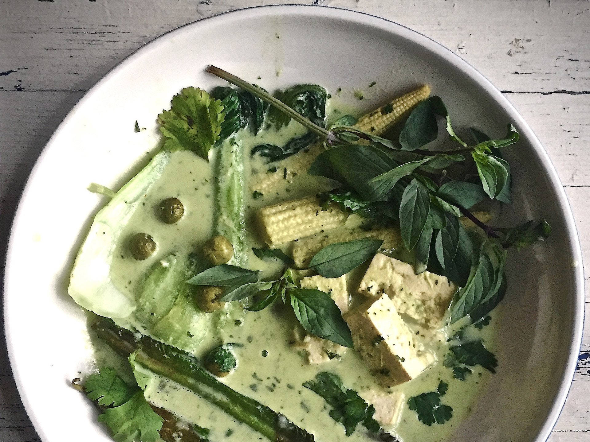 vegan green thai curry, tofu, baby corn, Full HD Desktop Wallpaper