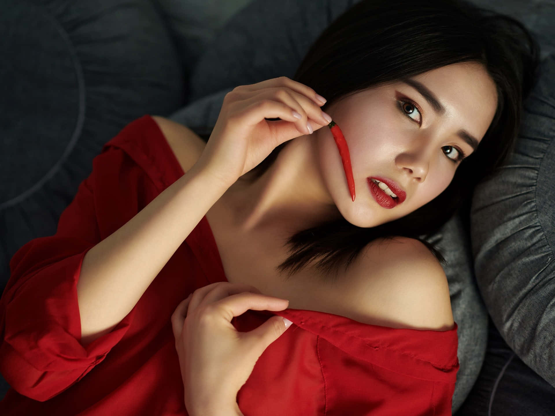 Thai Girl, red chili, red off-shoulder top, Full HD Desktop Wallpaper