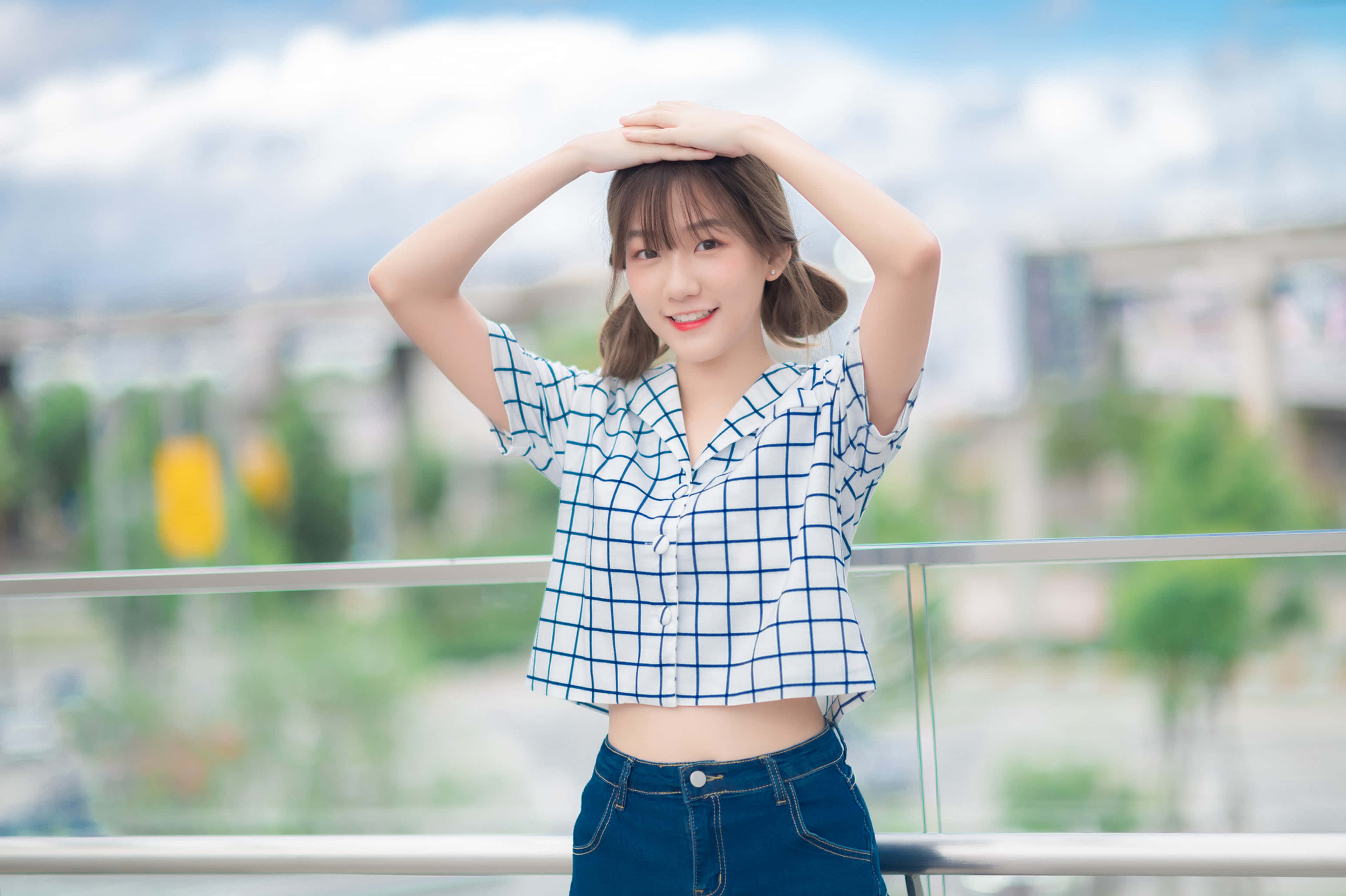 Thai Girl, blue checkered shirt, sunny balcony, 4K Desktop Wallpaper
